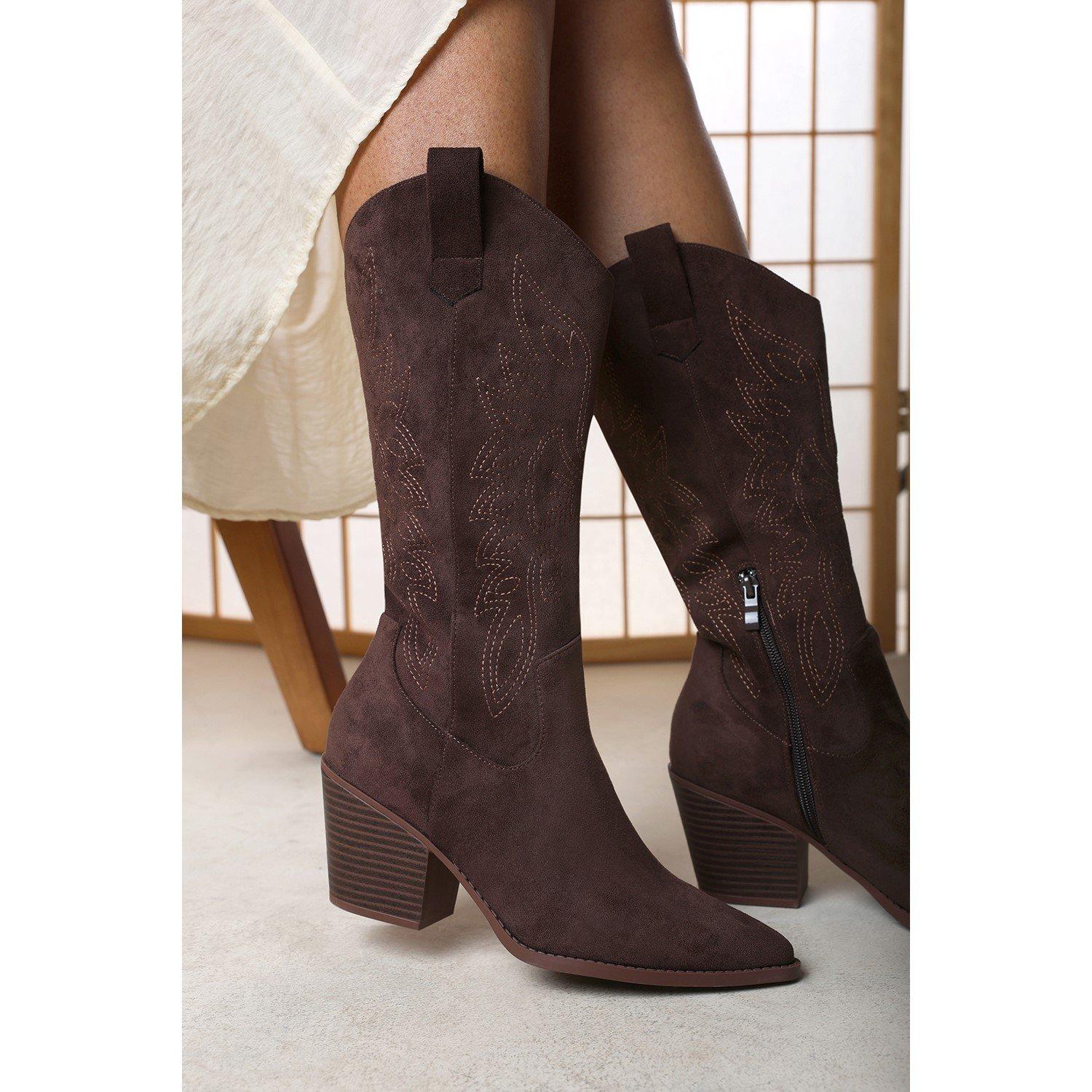 Wheres That From Women's Where’s Calf Cowboy Boots Block Heel Western Embroidered - Brown Suede - 4 (37)