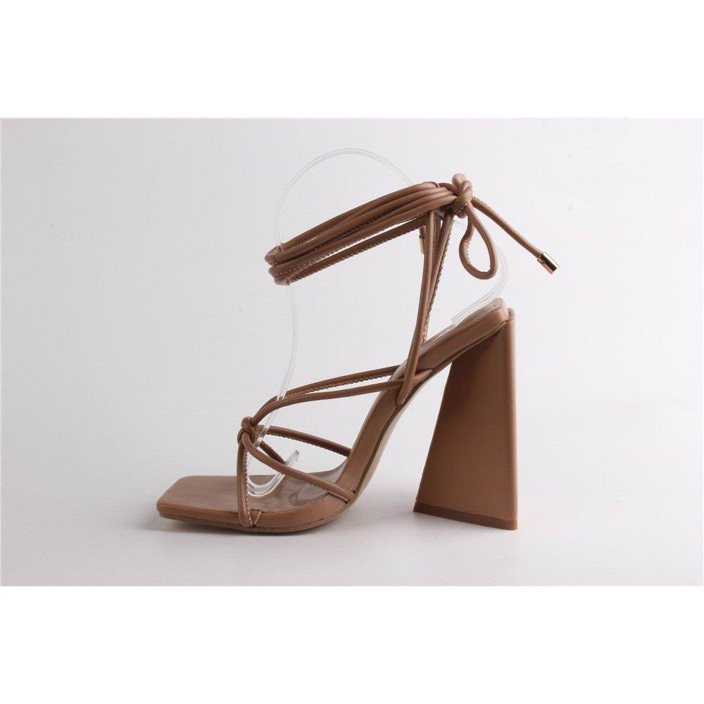 Mocha Pu - Chic - Strappy Block Heel Tie-Up Heeled Sandal - 3