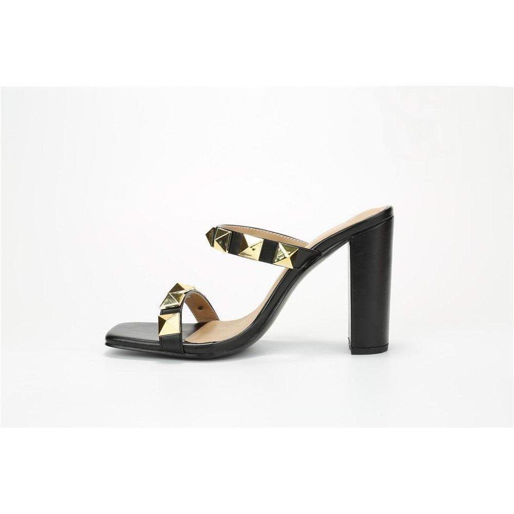Black PU - Chic - Studded Strap Block Heeled Sandal - 2