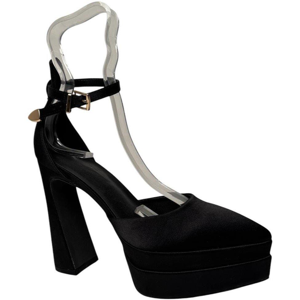 Raso nero - Chic - Pointed Toe Block Heel Platform Heeled Sandal - 2