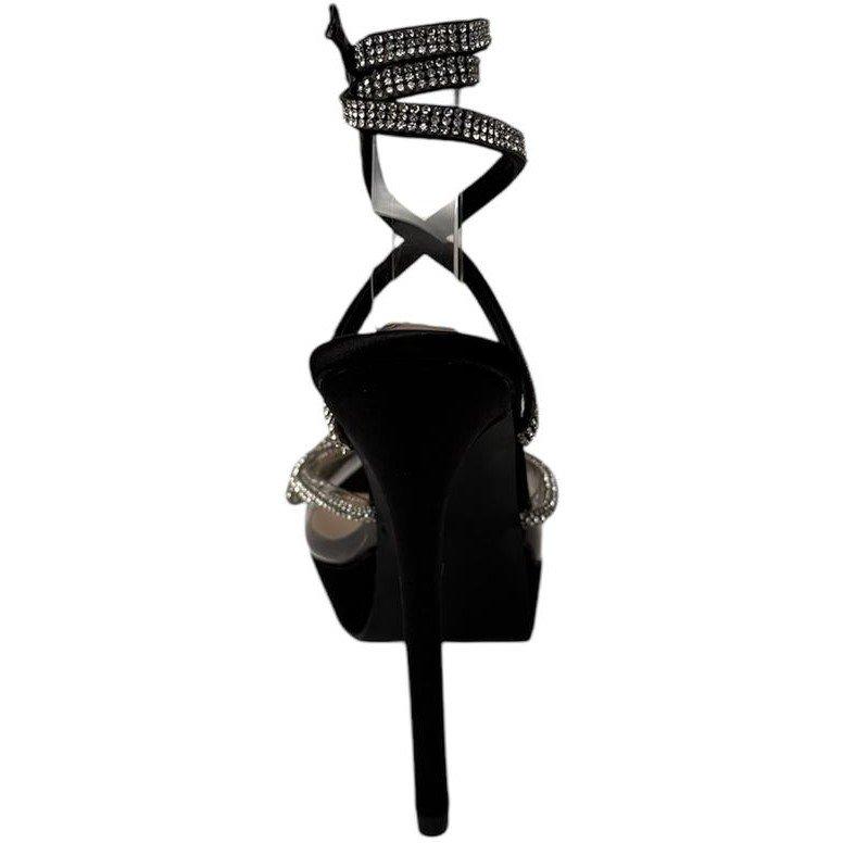 Sort Satin - Chic - Diamante Platform Heeled Sandal - 4