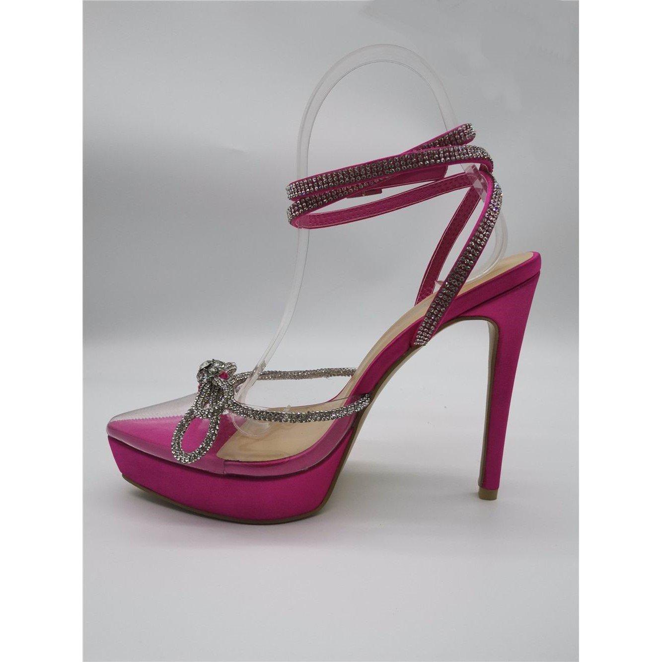Fuchsia Satin - Chic - Diamante Platform Heeled Sandal - 3