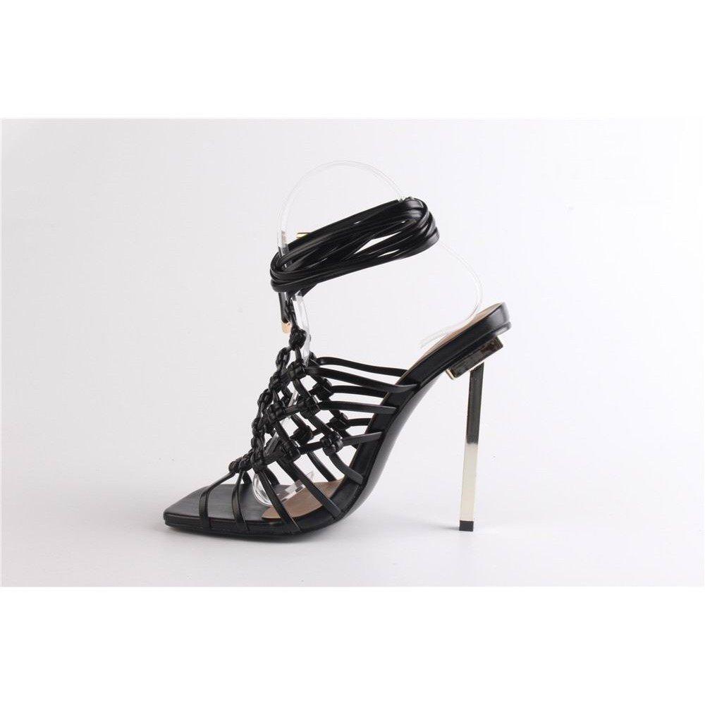 Zwart PU - Chic - Open Toe Lace-Up Flat Sandal - 3