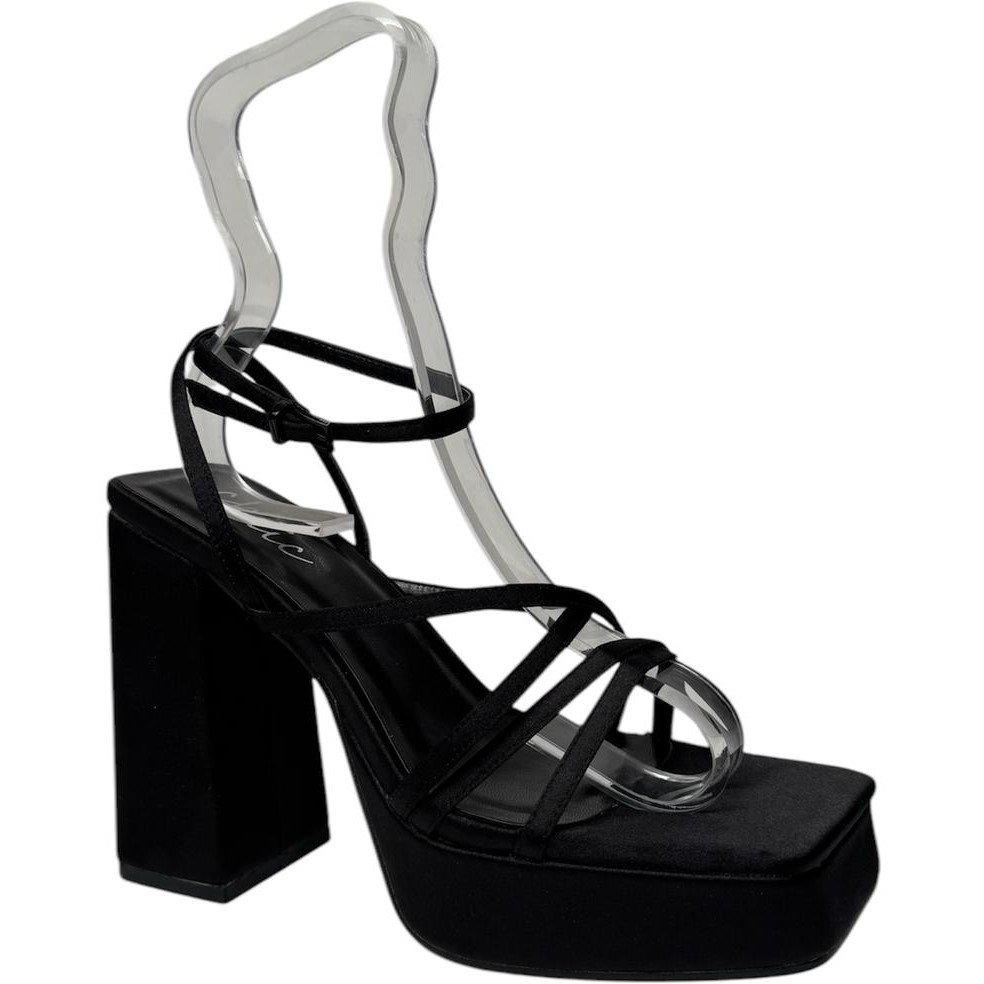 Black Satin - Chic - Strappy Block Heel Platform Heeled Sandal - 2