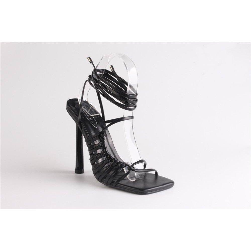 Black Pu - Chic - Strappy Tie-Up Flat Sandal - 2