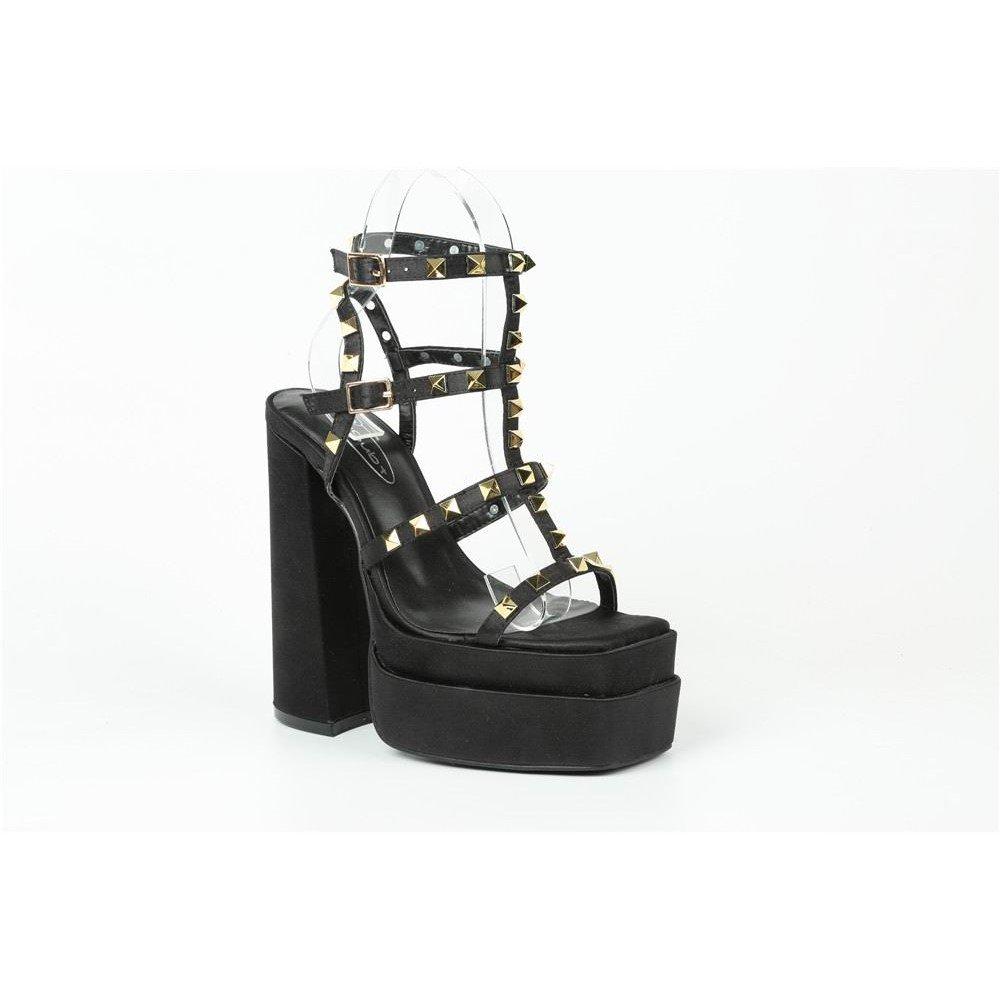 Zwarte satijn - Chic - Studded Multi-Strap Block Heel Platform Heeled Sandal - 2