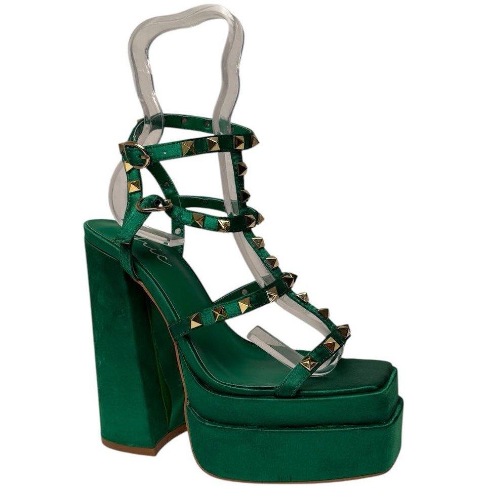 Green Satin - Chic - Women's Studded Multi-Strap Block Heel Platform Heeled Sandal - 2