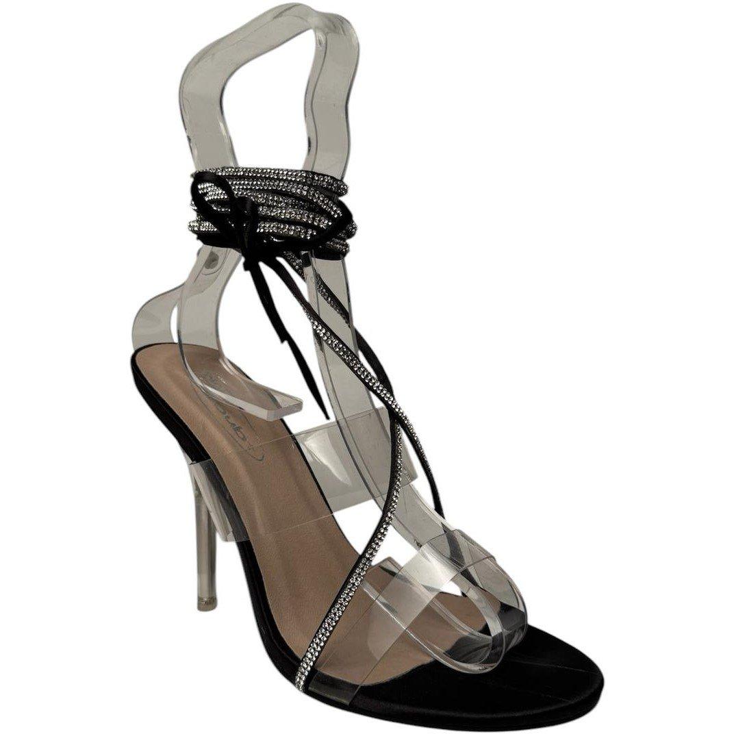 Black Satin - No Doubt - Strappy Crystal Detail Flat Sandal - 2