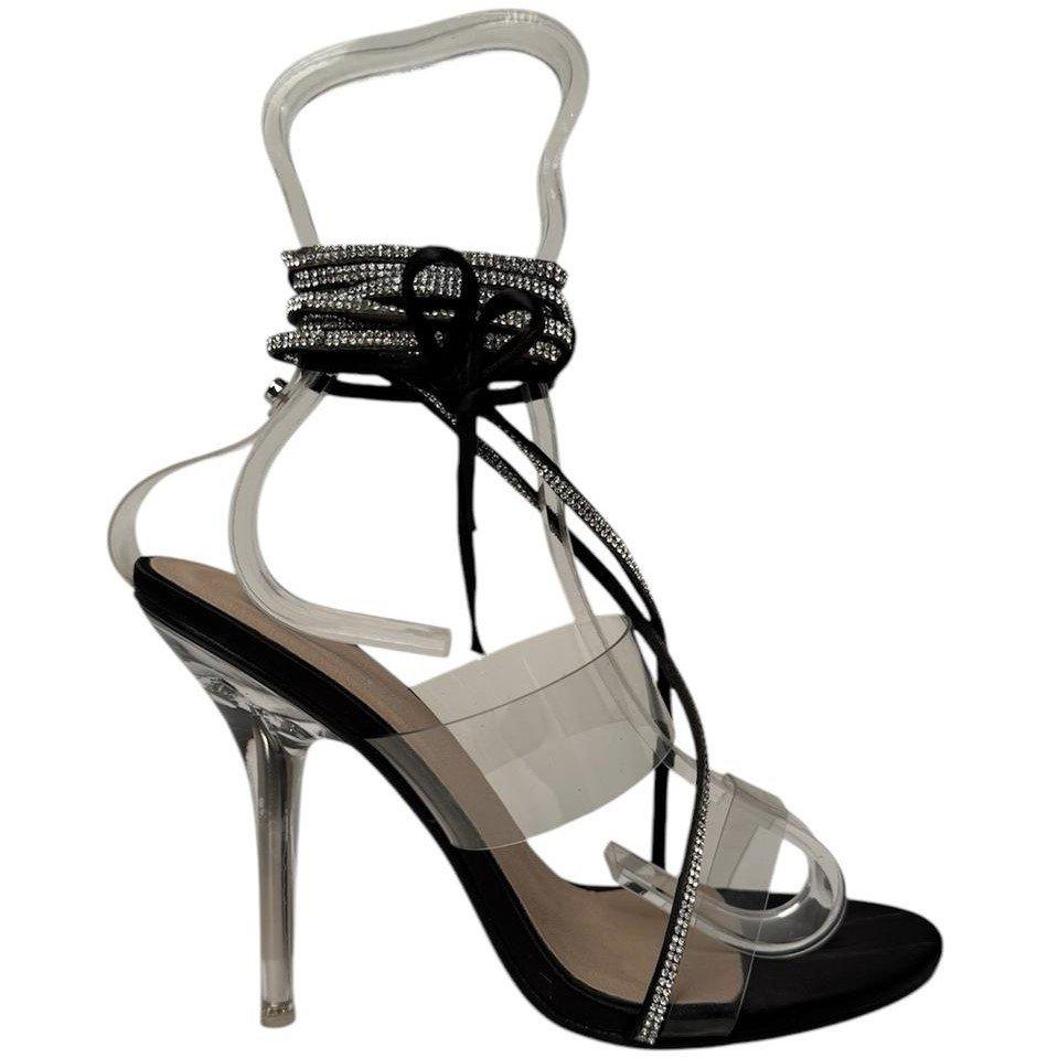 Black Satin - No Doubt - Strappy Crystal Detail Flat Sandal - 3