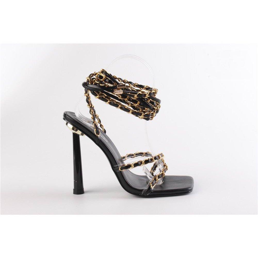 Black Pu - No Doubt - Women's Strappy Chain Detail Flat Sandal - 1