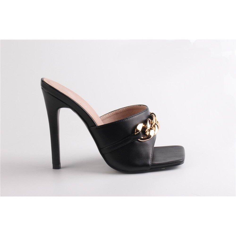 Zwart PU - No Doubt - Women's Chain Detail Flat Sandal - 1