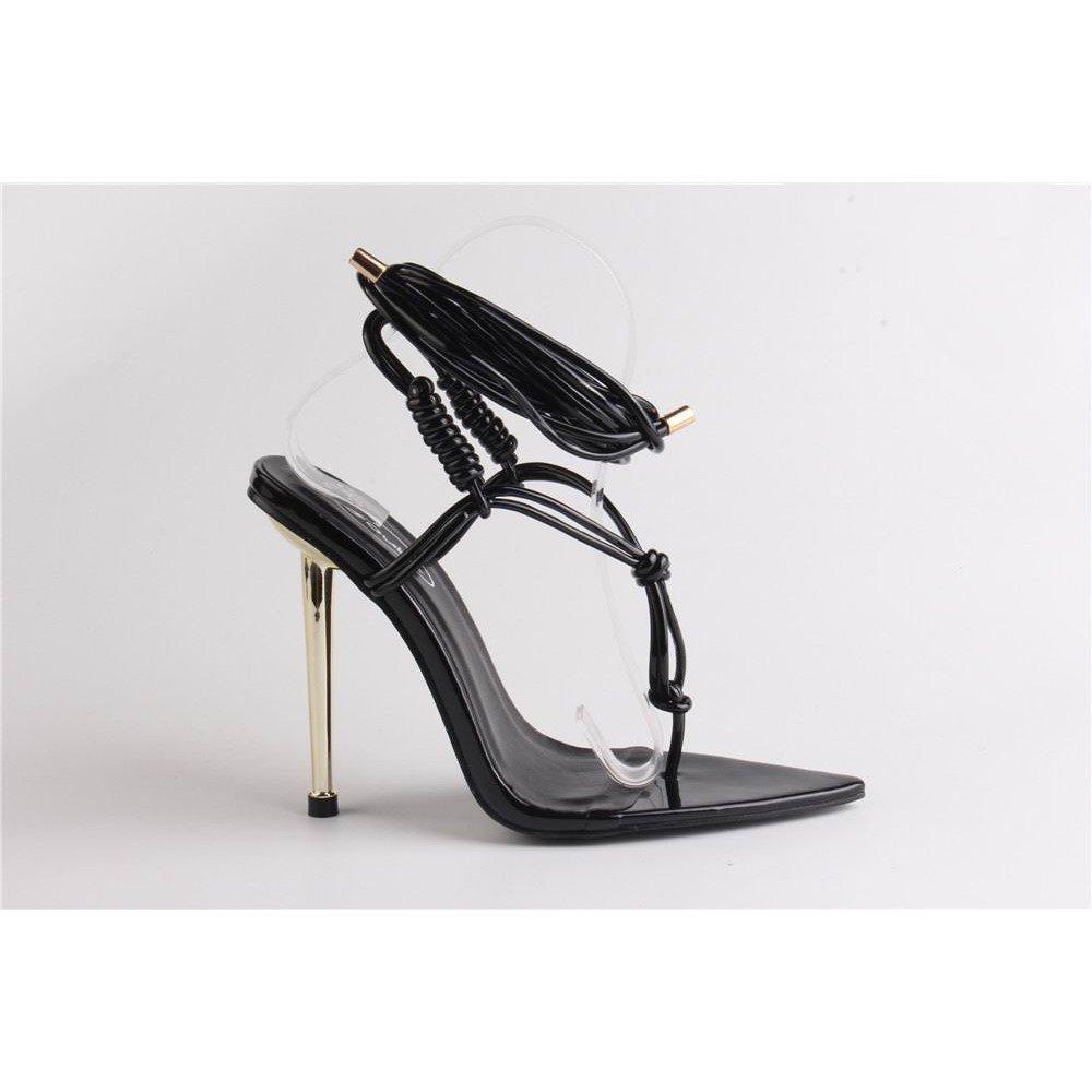 Black Patent - No Doubt - Women's Pointed Toe Tie Strap Flat Sandal - 1