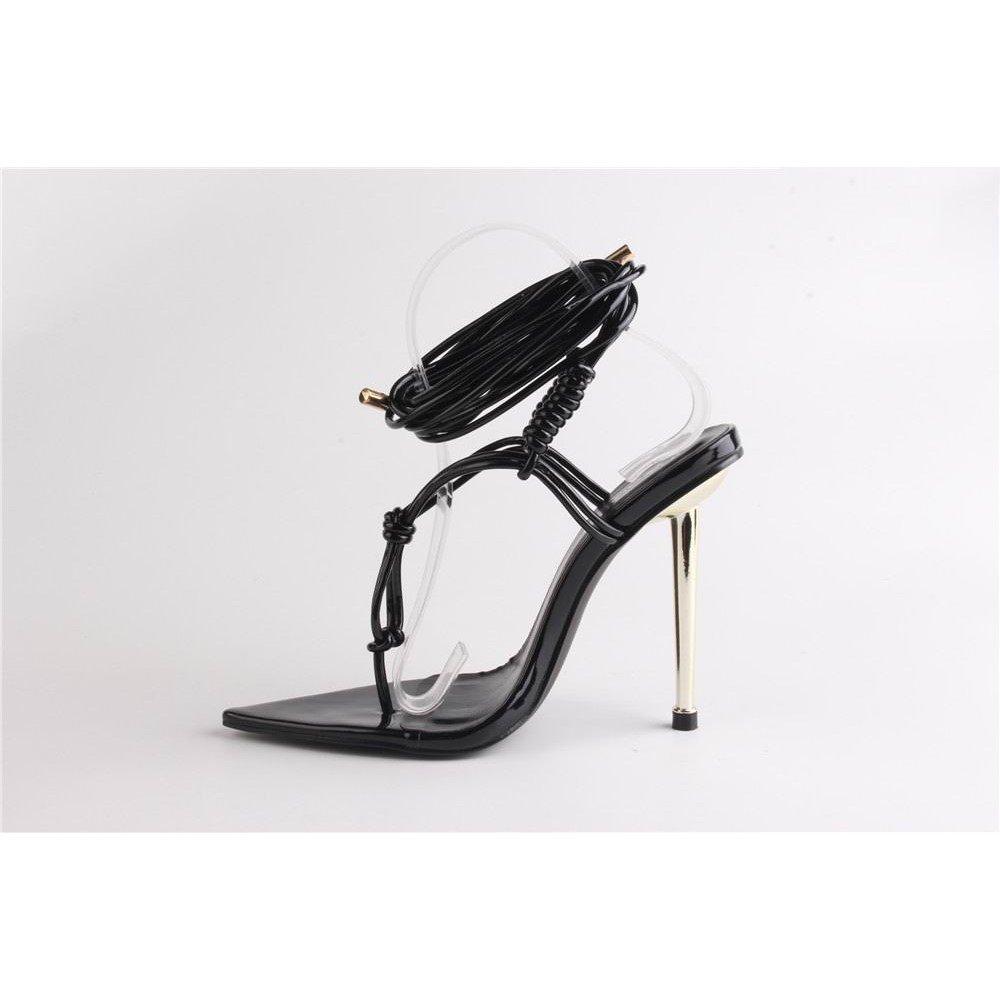 Black Patent - No Doubt - Pointed Toe Tie Strap Flat Sandal - 3