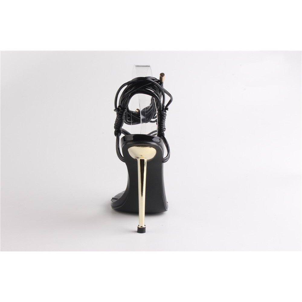 Black Patent - No Doubt - Pointed Toe Tie Strap Flat Sandal - 4