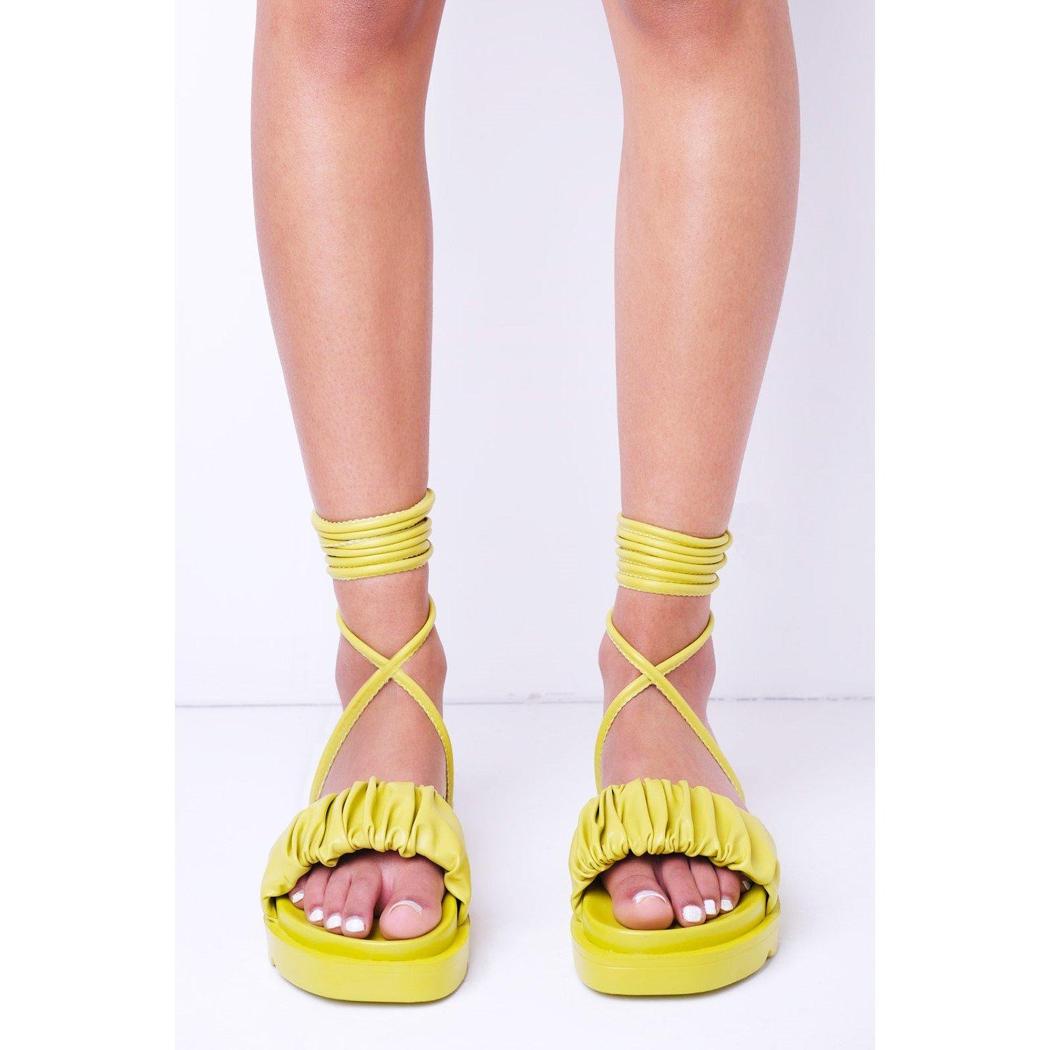 Lime Pu - No Doubt - Lace-Up Ruched Strap Flatform Sandal - 2