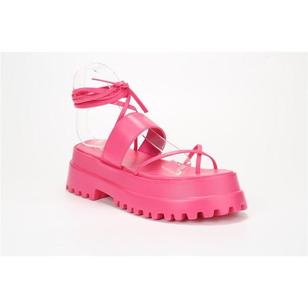 Fuksija Pu - No Doubt - Women's Strappy Tie-Up Flatform Sandal - 2