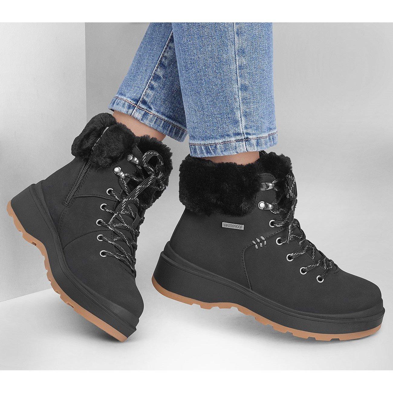 Black - Skechers - Cozy Fashion Hiker Lace Up Wedge Bo Rugged Boots Womens - 6