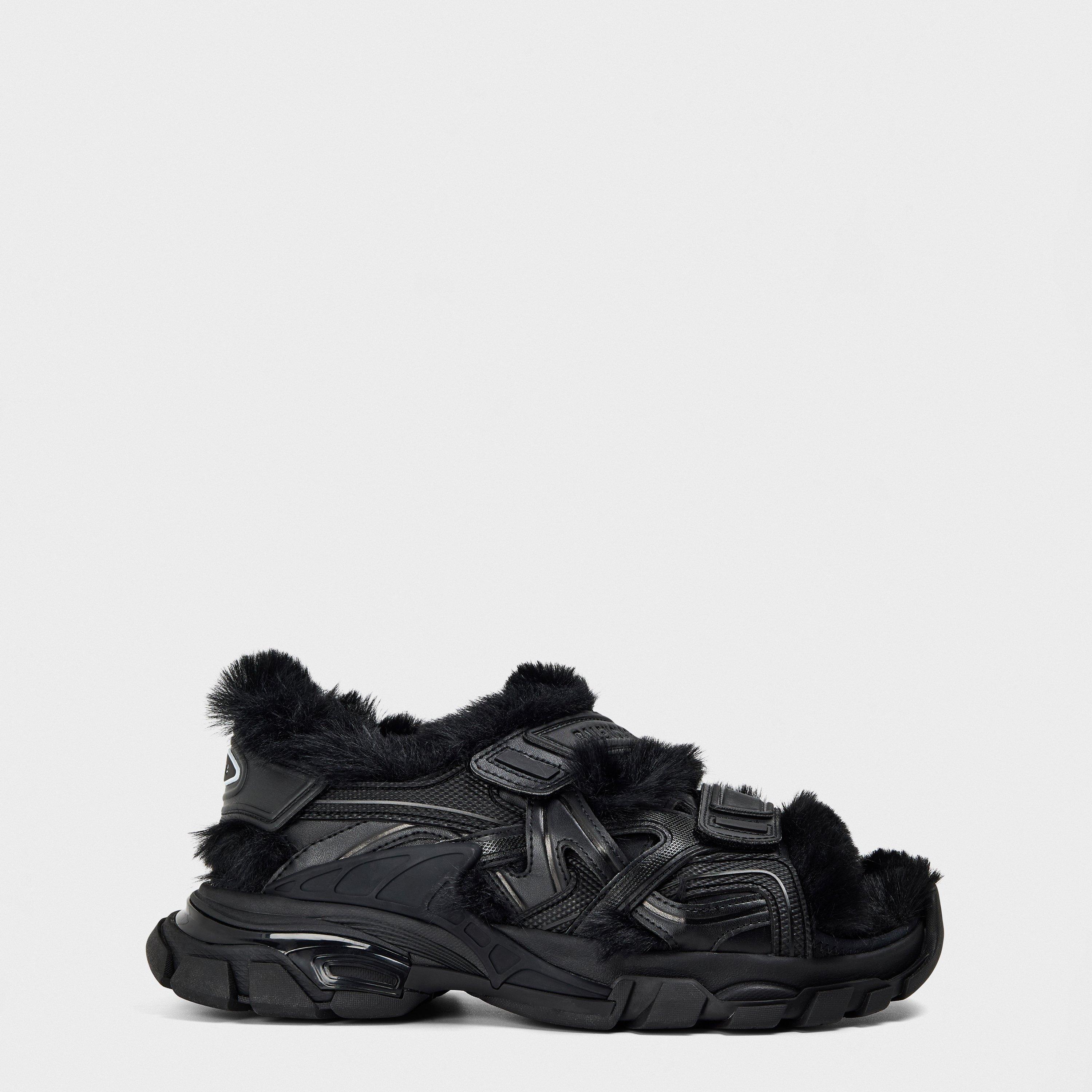 Balenciaga Track Faux-Shearling Sandals - Black/Black Fur - Size 4 (37)