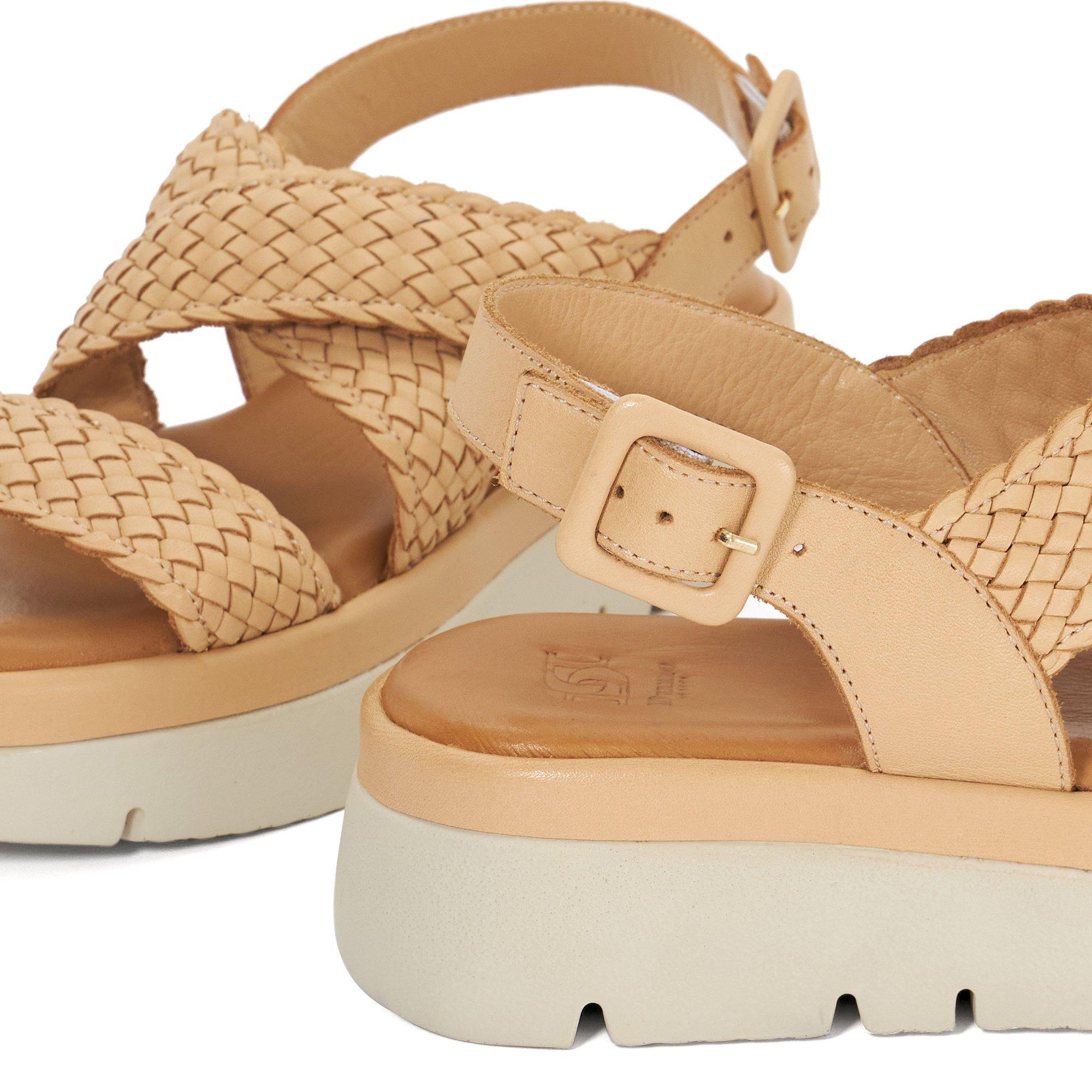 CAMEL - Dune London - Women's Lorro Open-Toe Leather Flat Sandals - 5