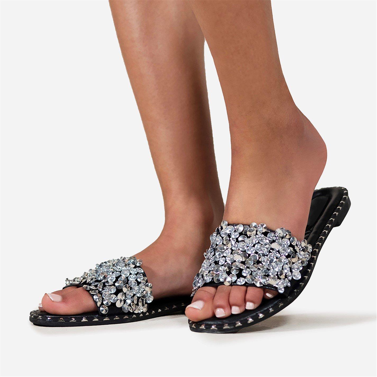 Black - Wheres That From - Wheres Diamante Sparkly Flat Sliders - 1