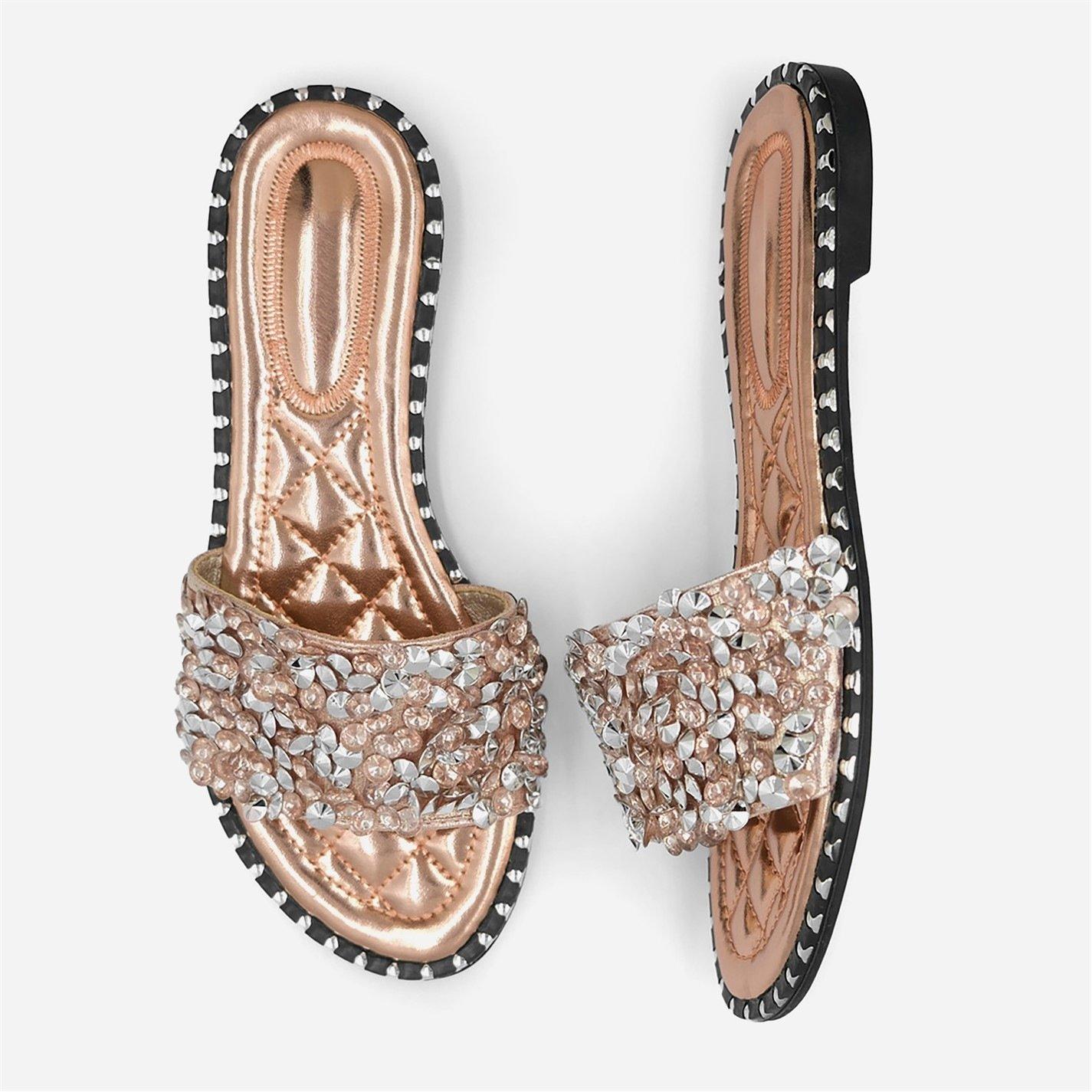 Rose Gold - Wheres That From - Wheres Diamante Sparkly Flat Sliders - 3