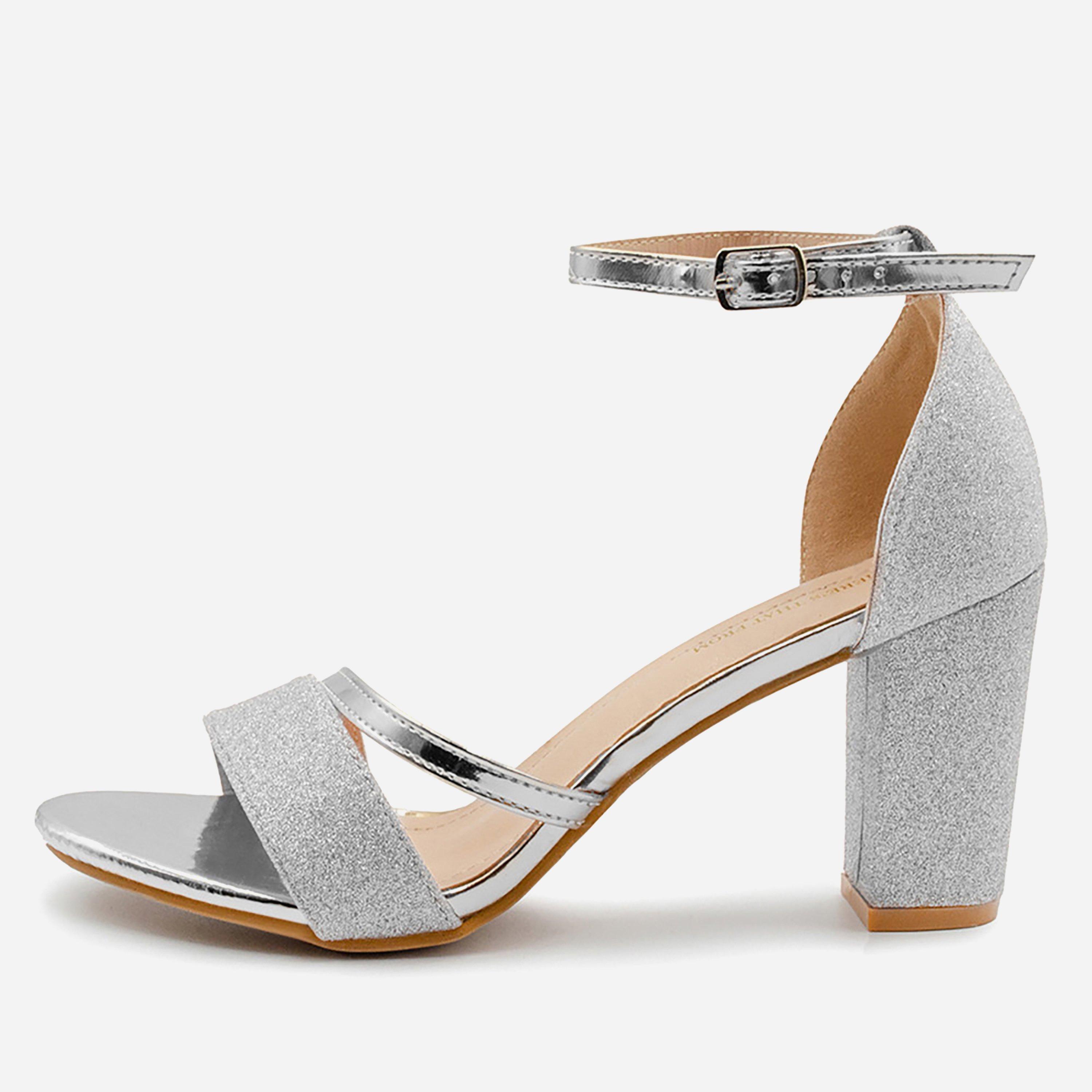 Wheres That From Women's Where¿S Glitter Perla Mid Block Heel Sandals - Silver - 8 (41)