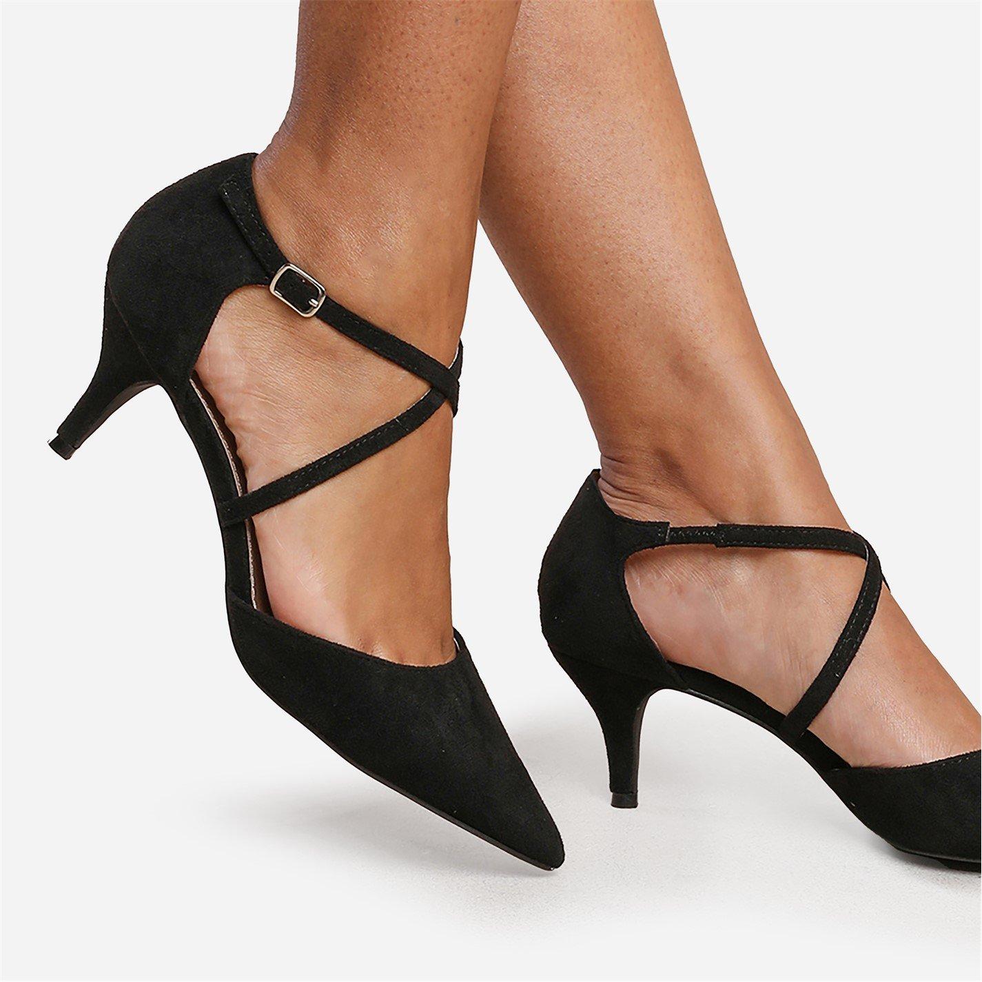 Black Suede - Wheres That From - Low Kitten Heels With Crossover Strip - 2