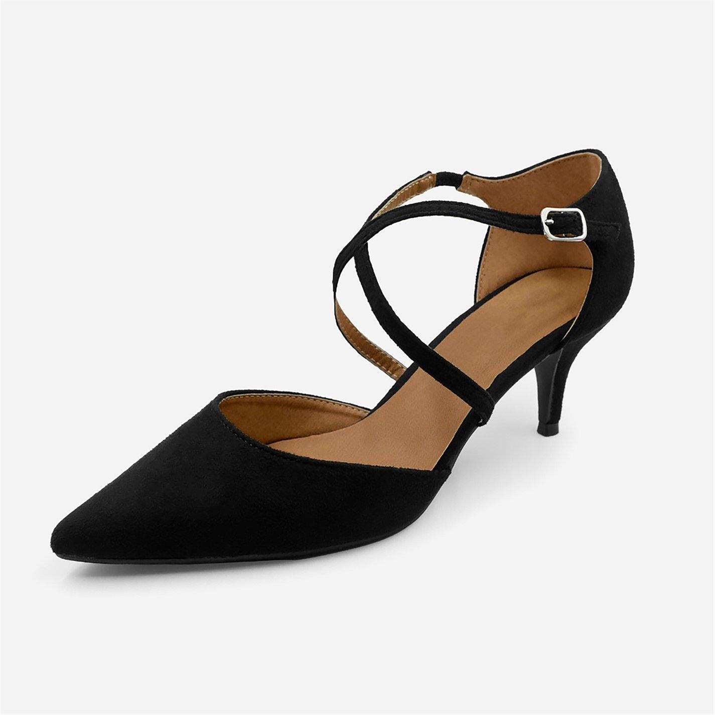 Black Suede - Wheres That From - Low Kitten Heels With Crossover Strip - 3
