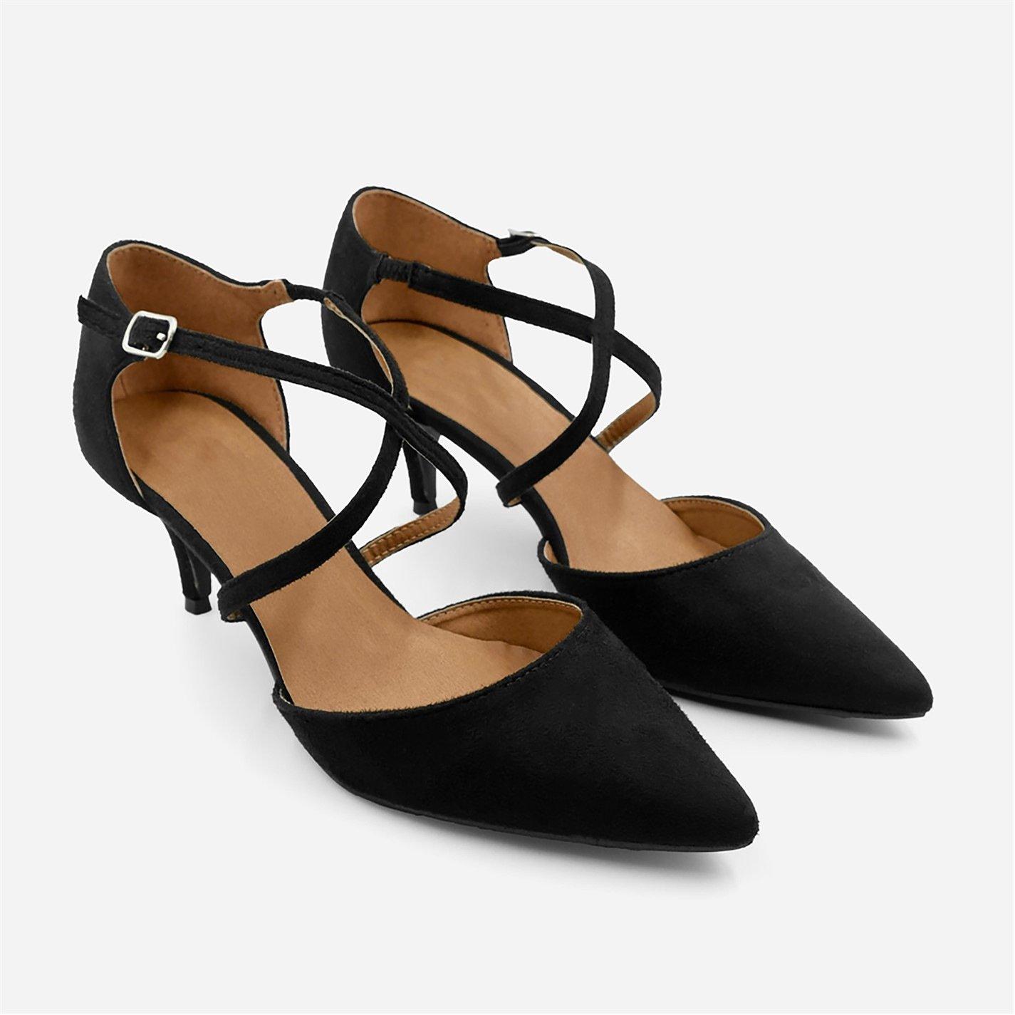 Black Suede - Wheres That From - Low Kitten Heels With Crossover Strip - 4