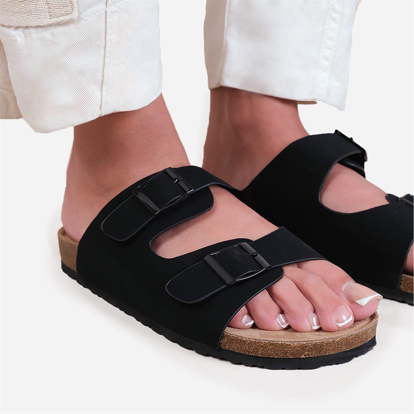 Black Nubuck - Wheres That From - Wheres Two-Strap Buckle Detail Flat Sandals - 1
