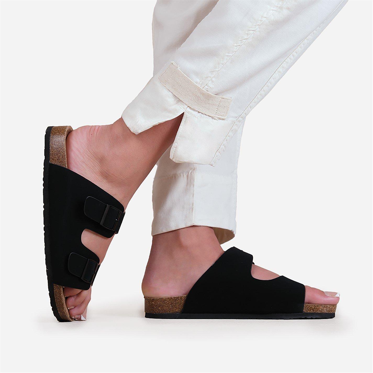 Black Nubuck - Wheres That From - Two-Strap Buckle Detail Flat Sandals - 2