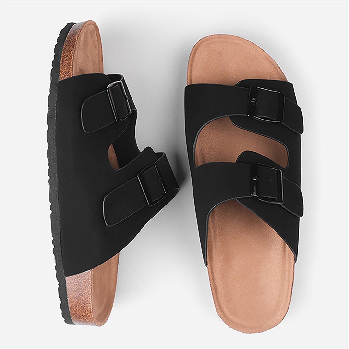 Black Nubuck - Wheres That From - Two-Strap Buckle Detail Flat Sandals - 3