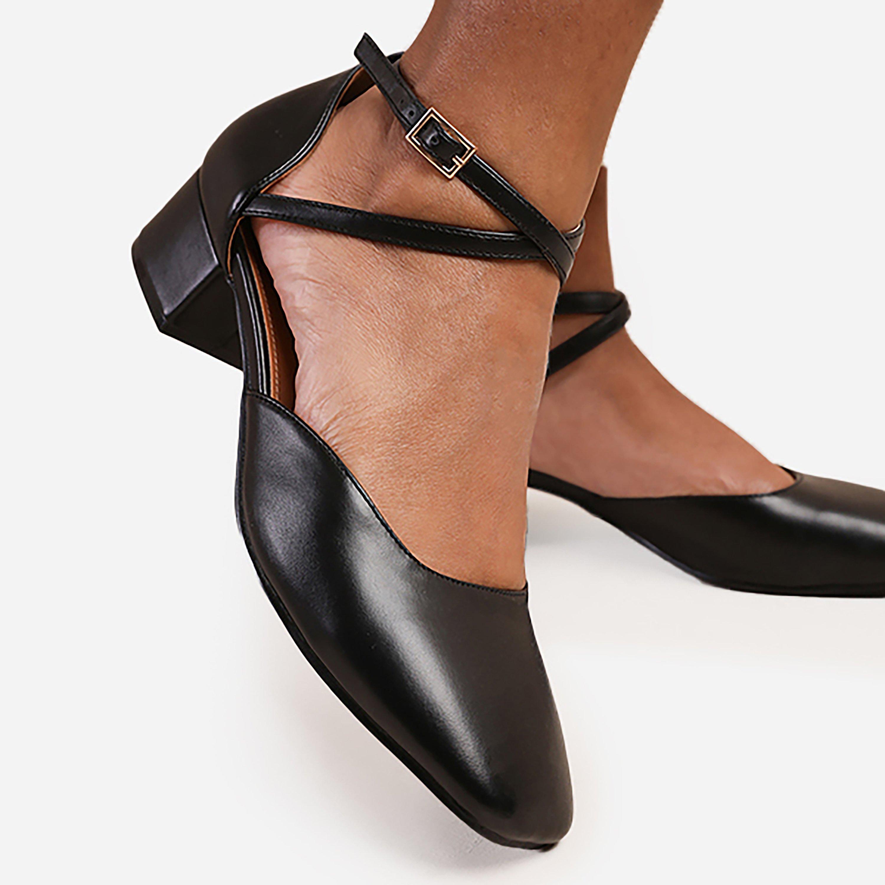 Black PU - Wheres That From - Low Ankle Strap Block Heels - 3