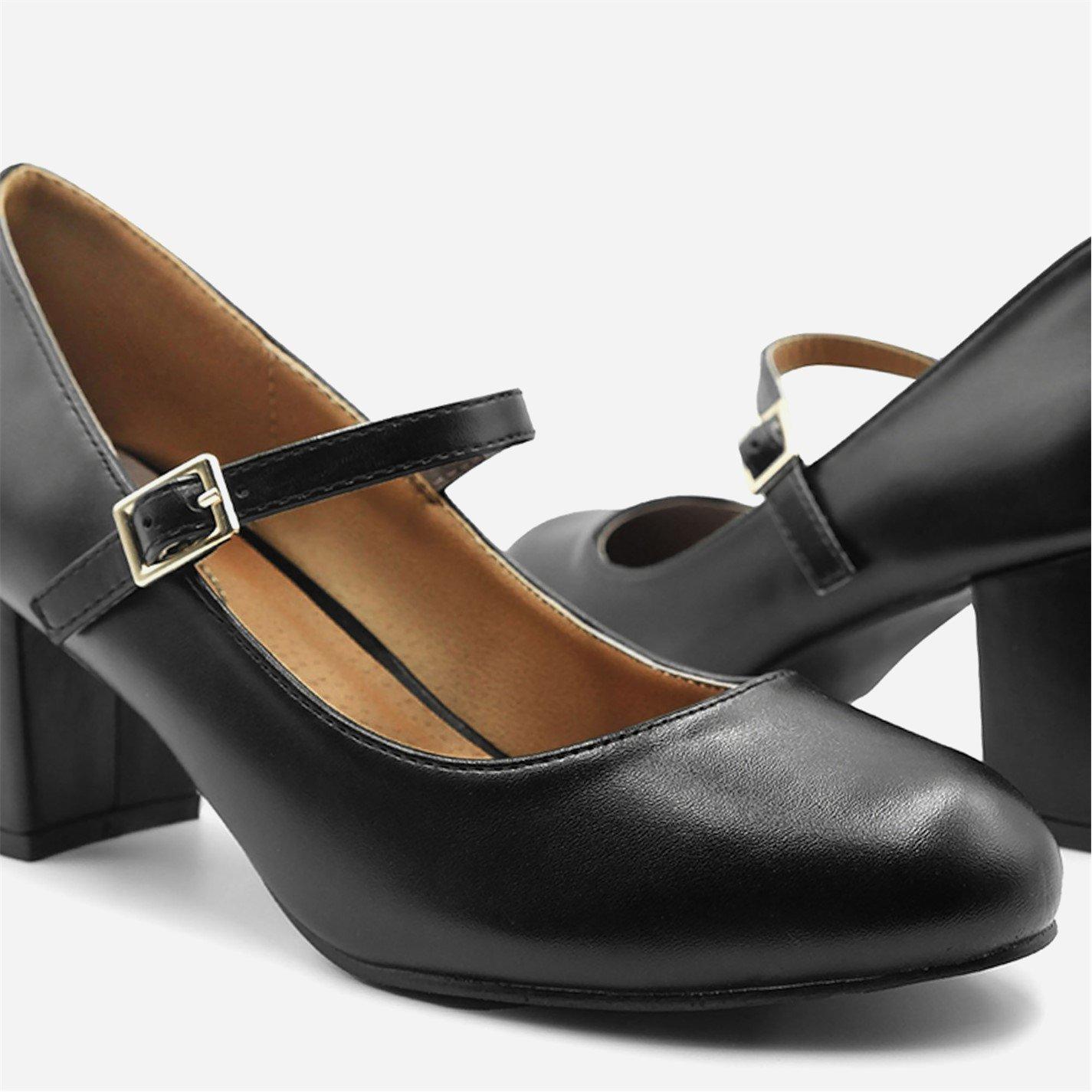 Black PU - Wheres That From - Block Heel Mary Jane Pumps - 4