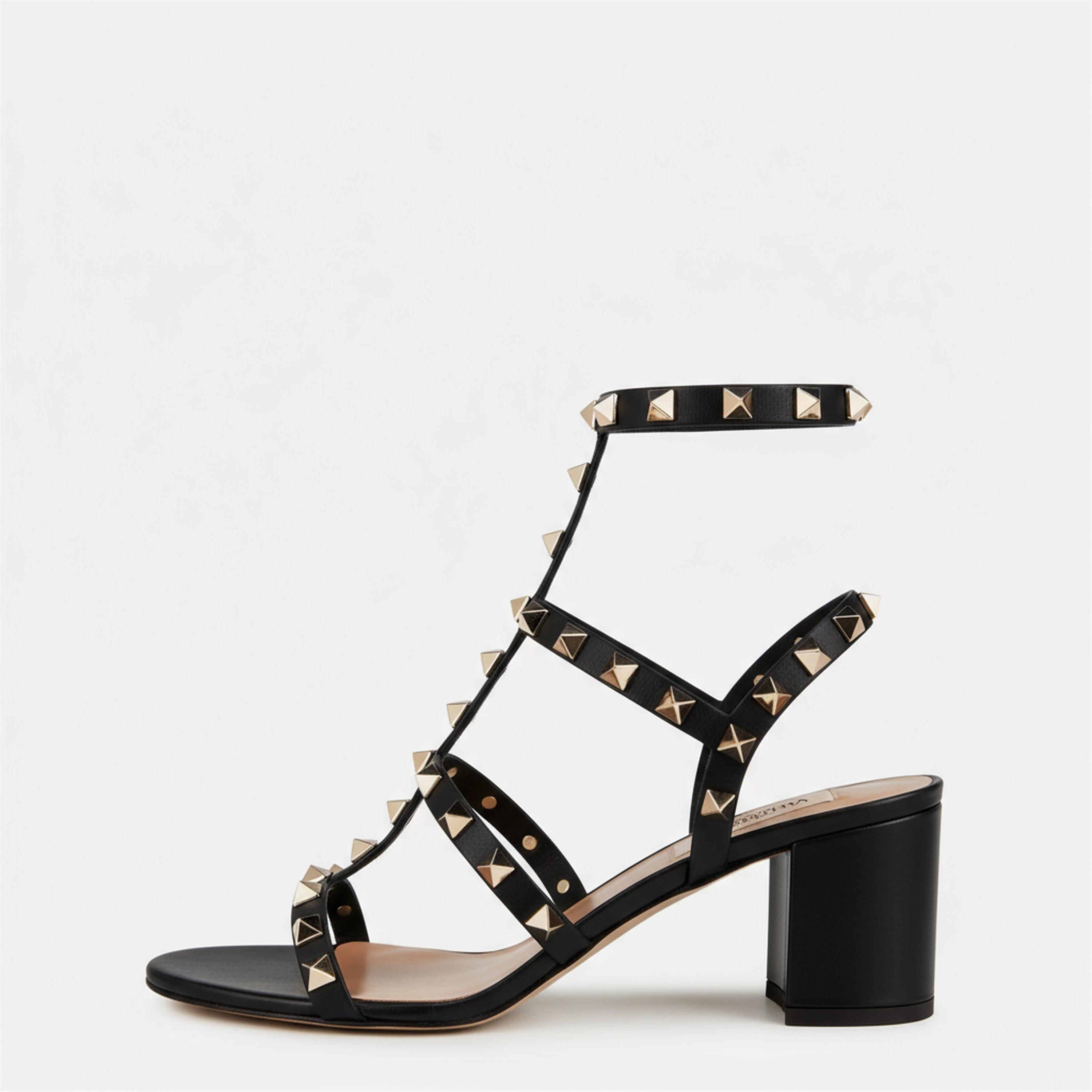 Black 0NO - Valentino Garavani - Rockstud Calfskin Ankle Strap Sandals - 2