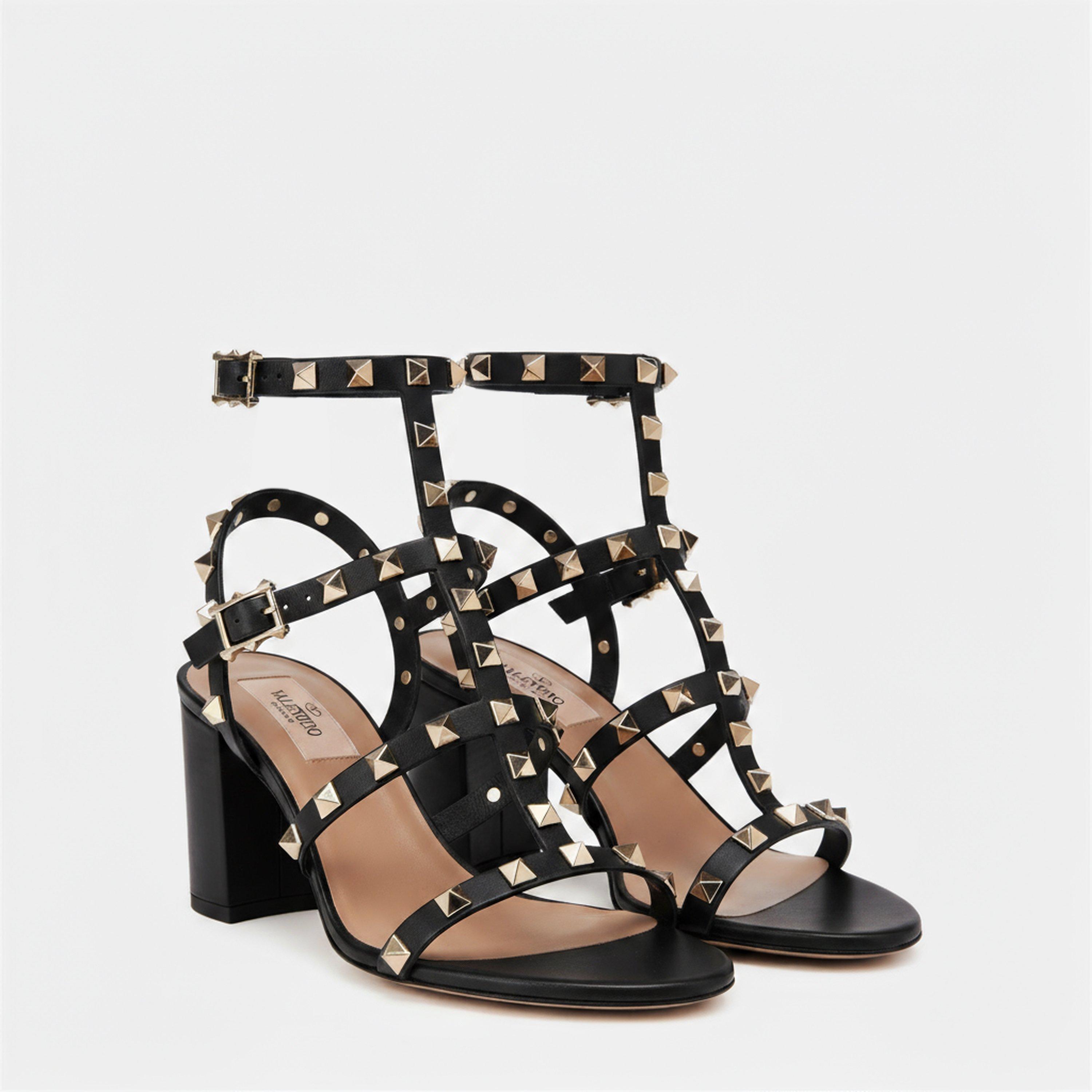 Black 0NO - Valentino Garavani - Rockstud Calfskin Ankle Strap Sandals - 4