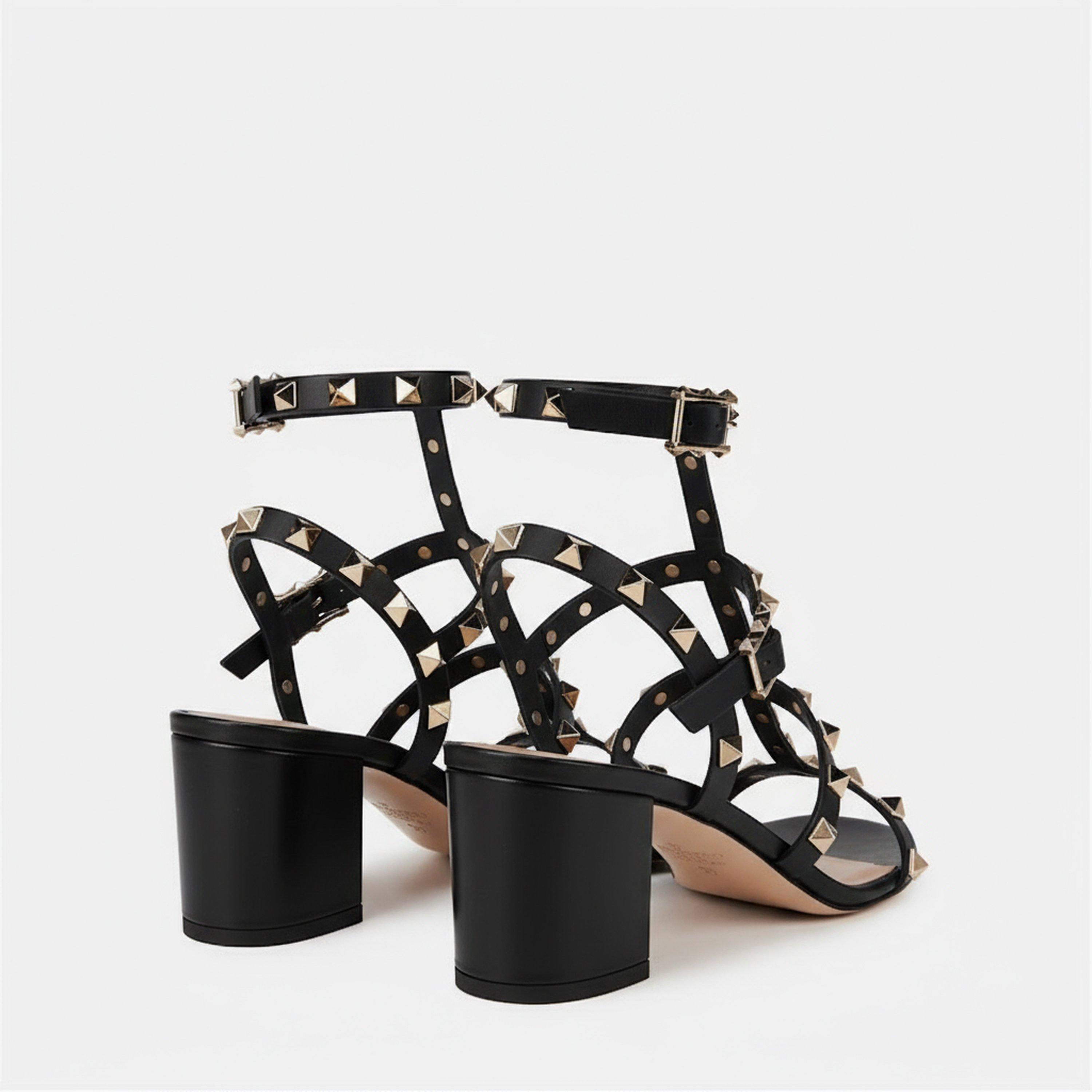 Black 0NO - Valentino Garavani - Rockstud Calfskin Ankle Strap Sandals - 5