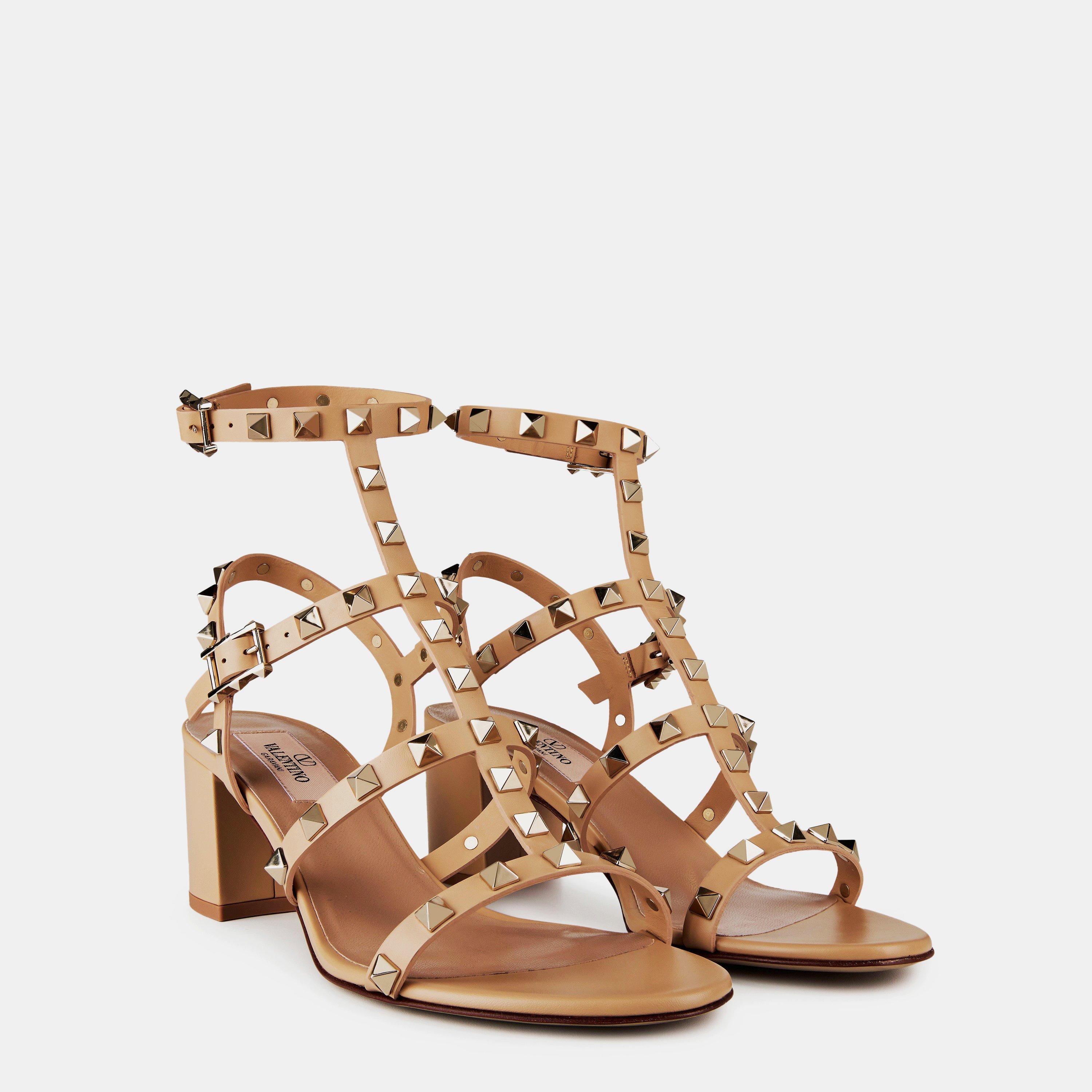 Cappuccino - Valentino Garavani - Rockstud Calfskin Ankle Strap Sandals - 4