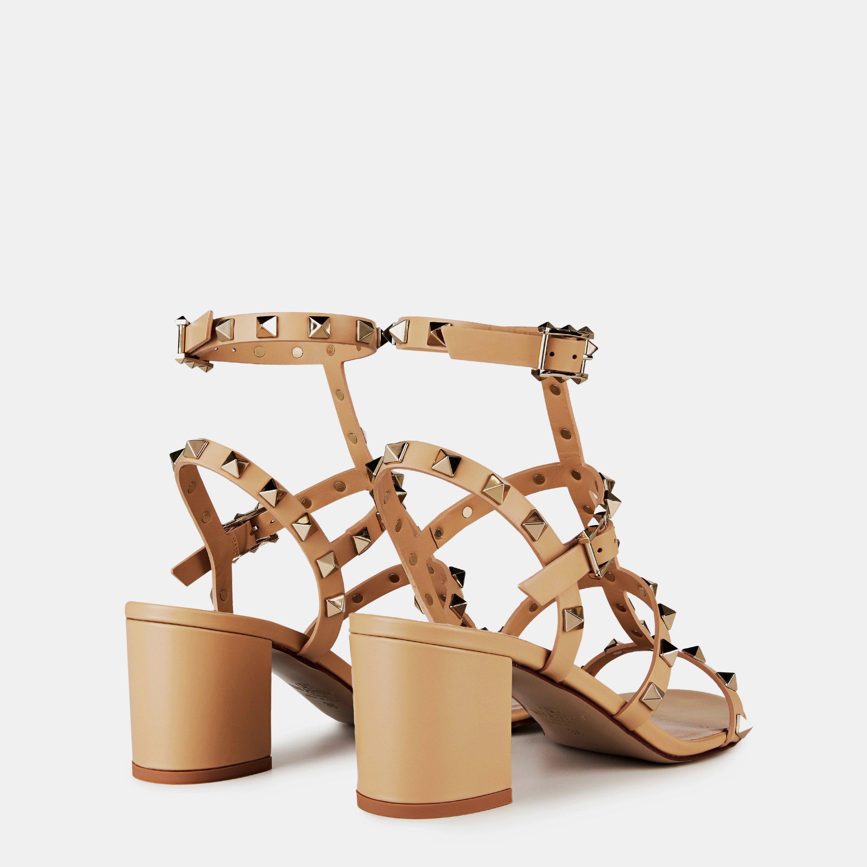 Cappuccino - Valentino Garavani - Rockstud Calfskin Ankle Strap Sandals - 5