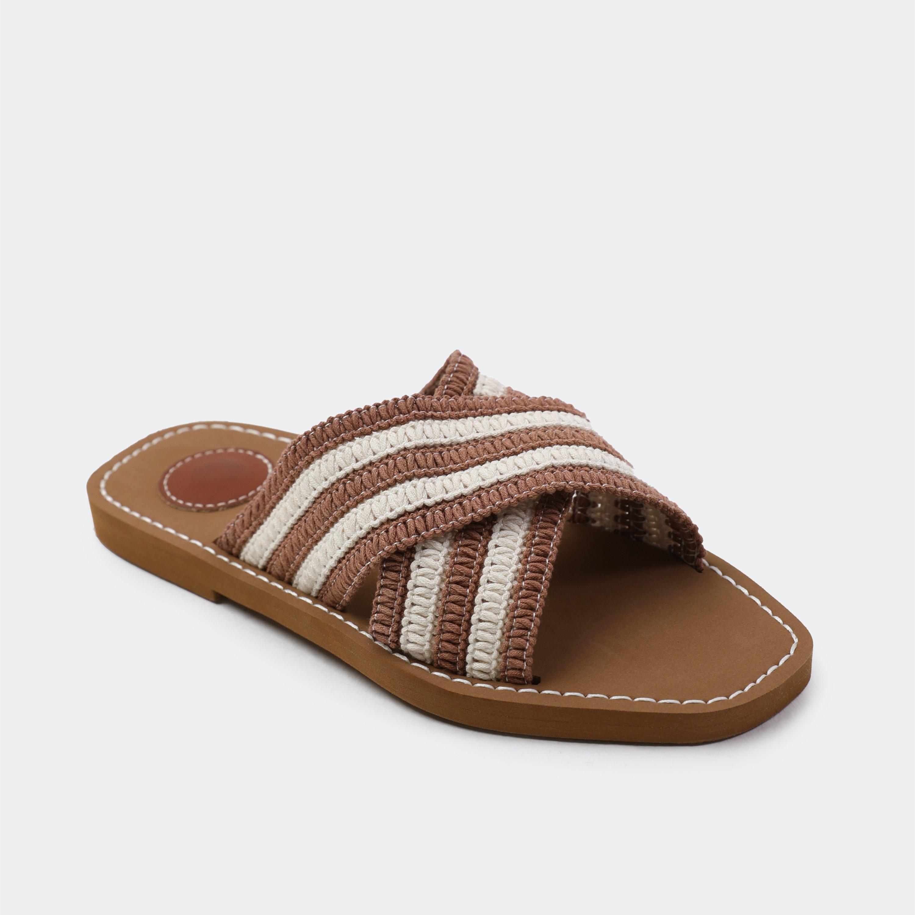 Wheres That From Women's Mocha Woven Stripe Patterned Open Toe Slide Sandals - 3 (36) - Image 3