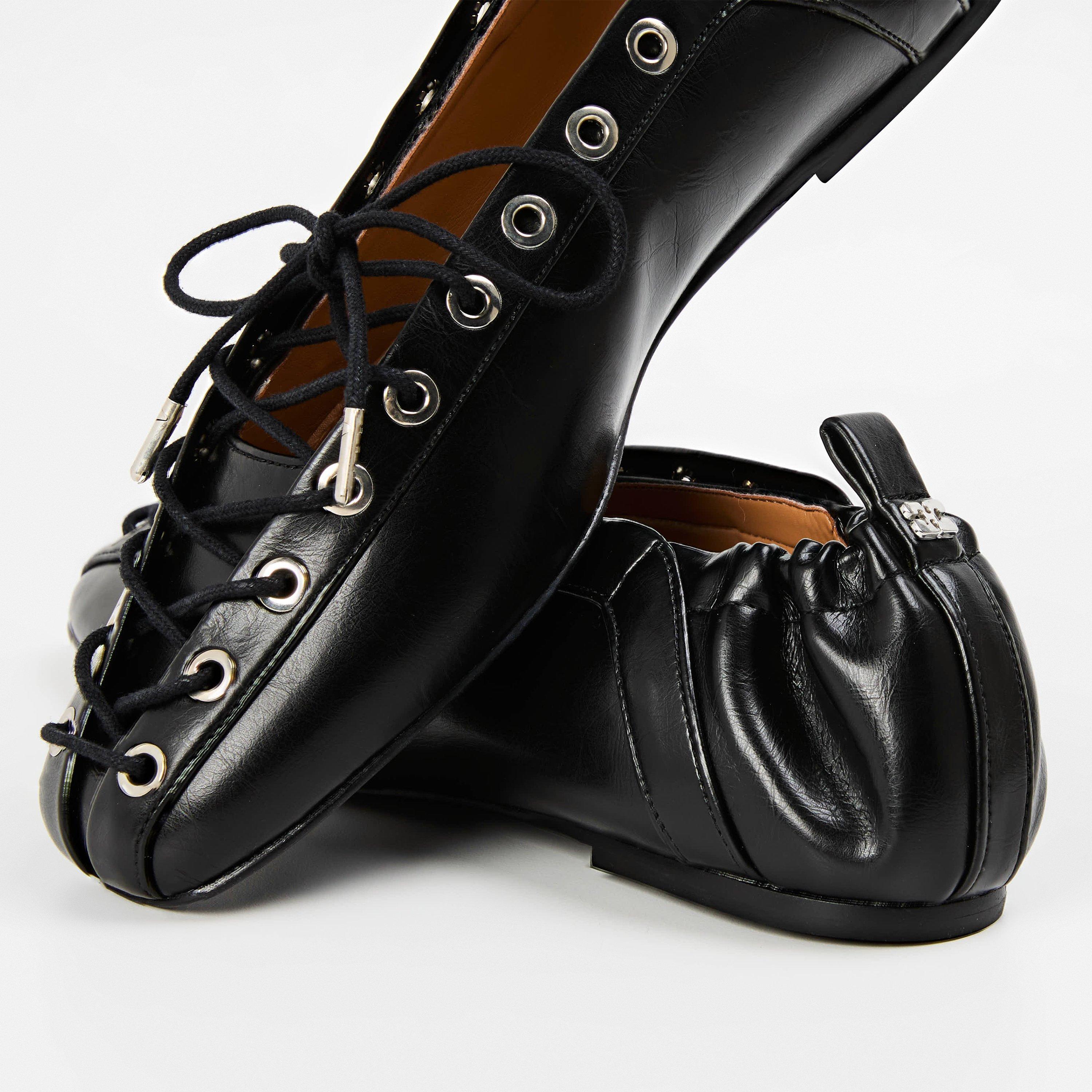 Black - Ganni - Women's Lace-Up Ballet Pumps - 4