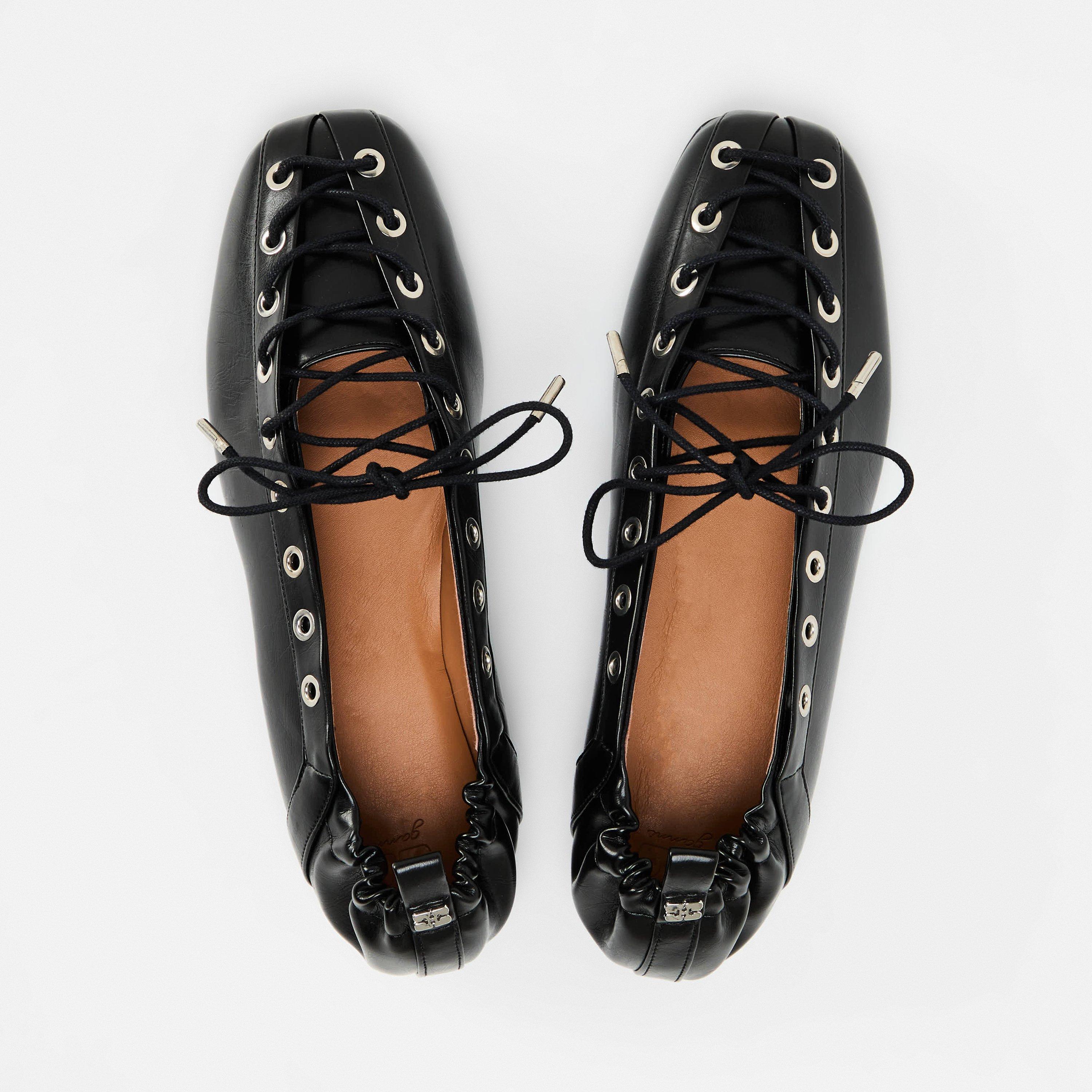 Black - Ganni - Women's Lace-Up Ballet Pumps - 5