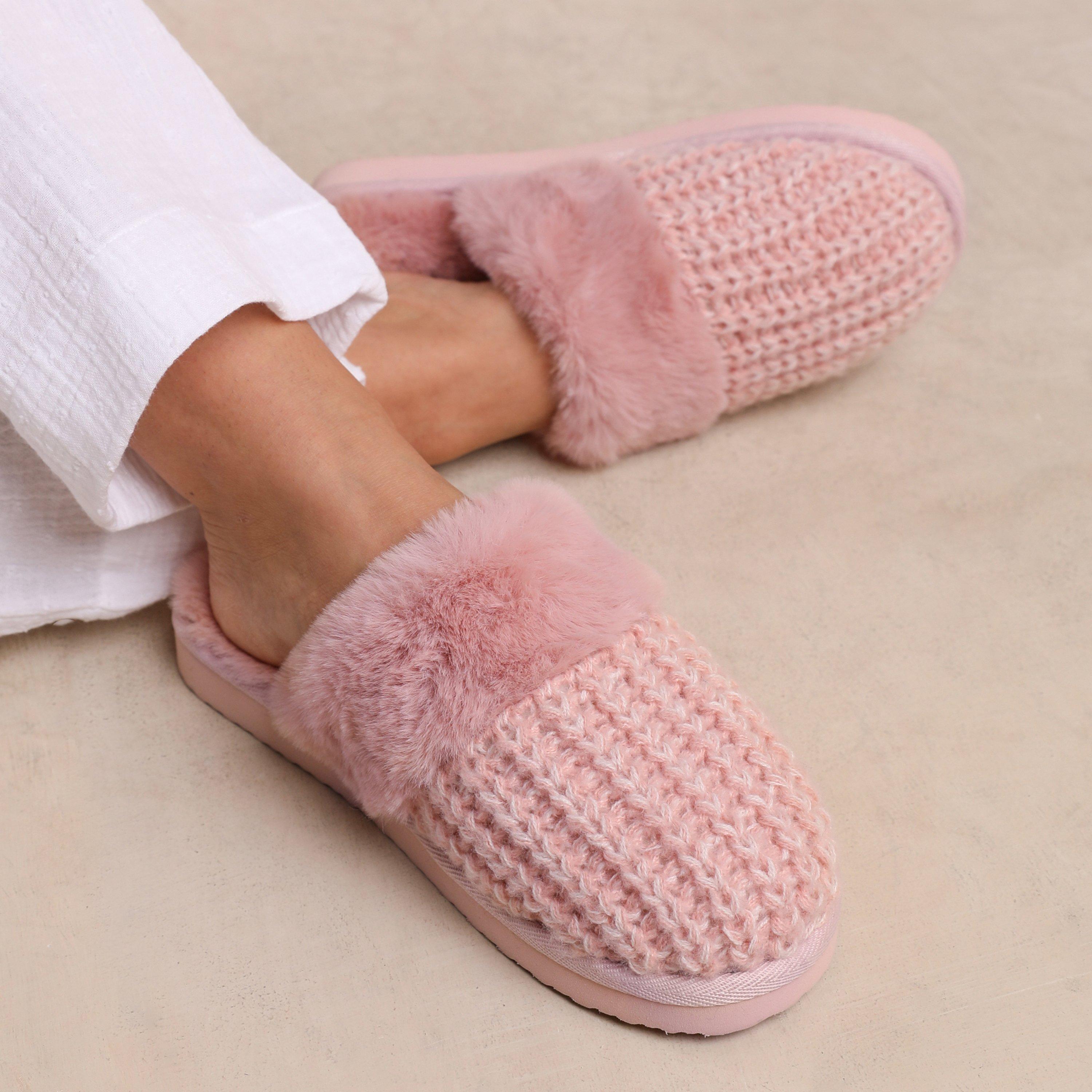 Svijetlo ružičasta pređa - Wheres That From - Knitted Slider Slippers With Fur - 3