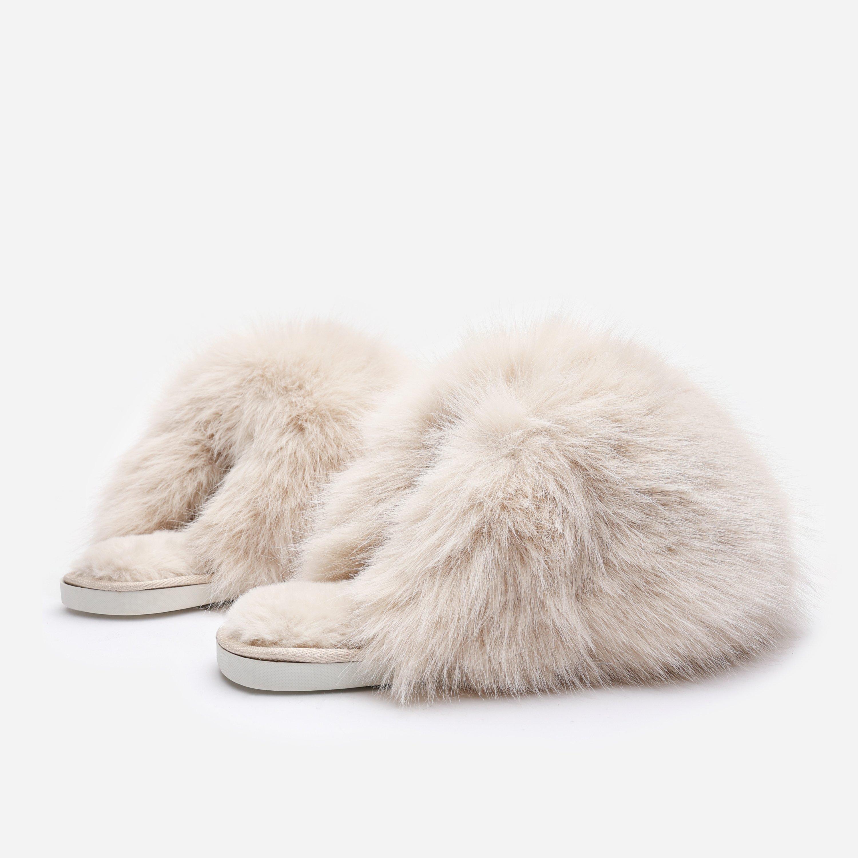 Beige Crazy Fur - Wheres That From - Fluffy Faux Fur Mule Slippers - 2