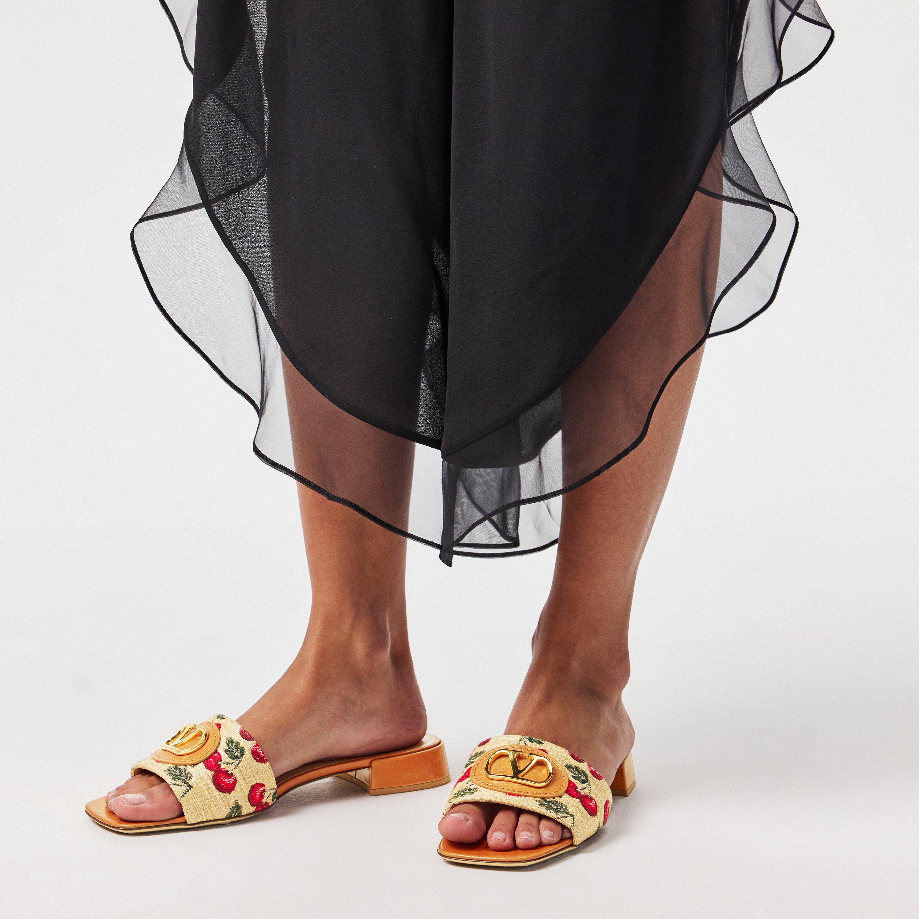 Naturale/Rosso - Valentino Garavani - Vlogo Raffia-Jacquard Cherry Slides. - 3