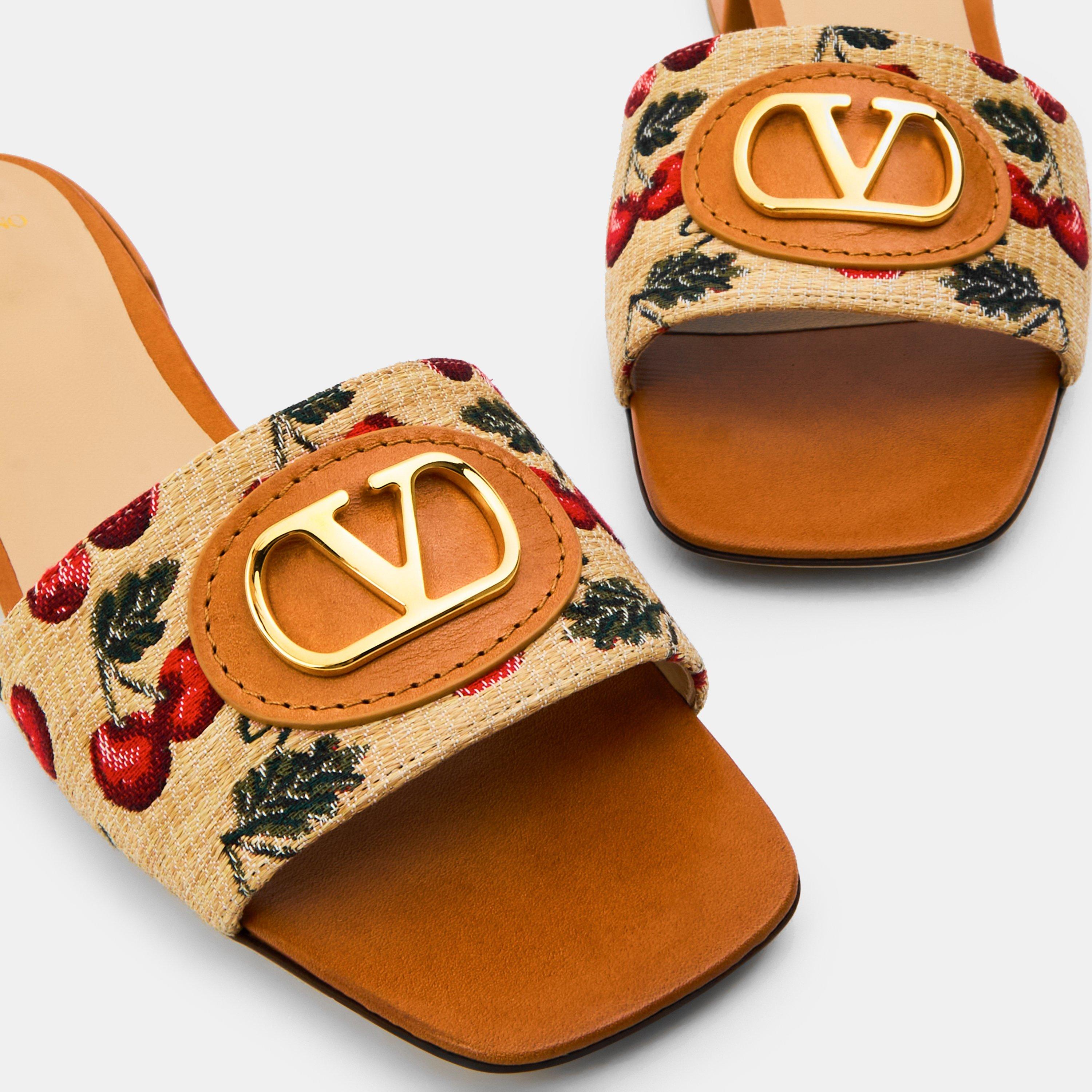 Naturale/Rosso - Valentino Garavani - Vlogo Raffia-Jacquard Cherry Slides. - 4