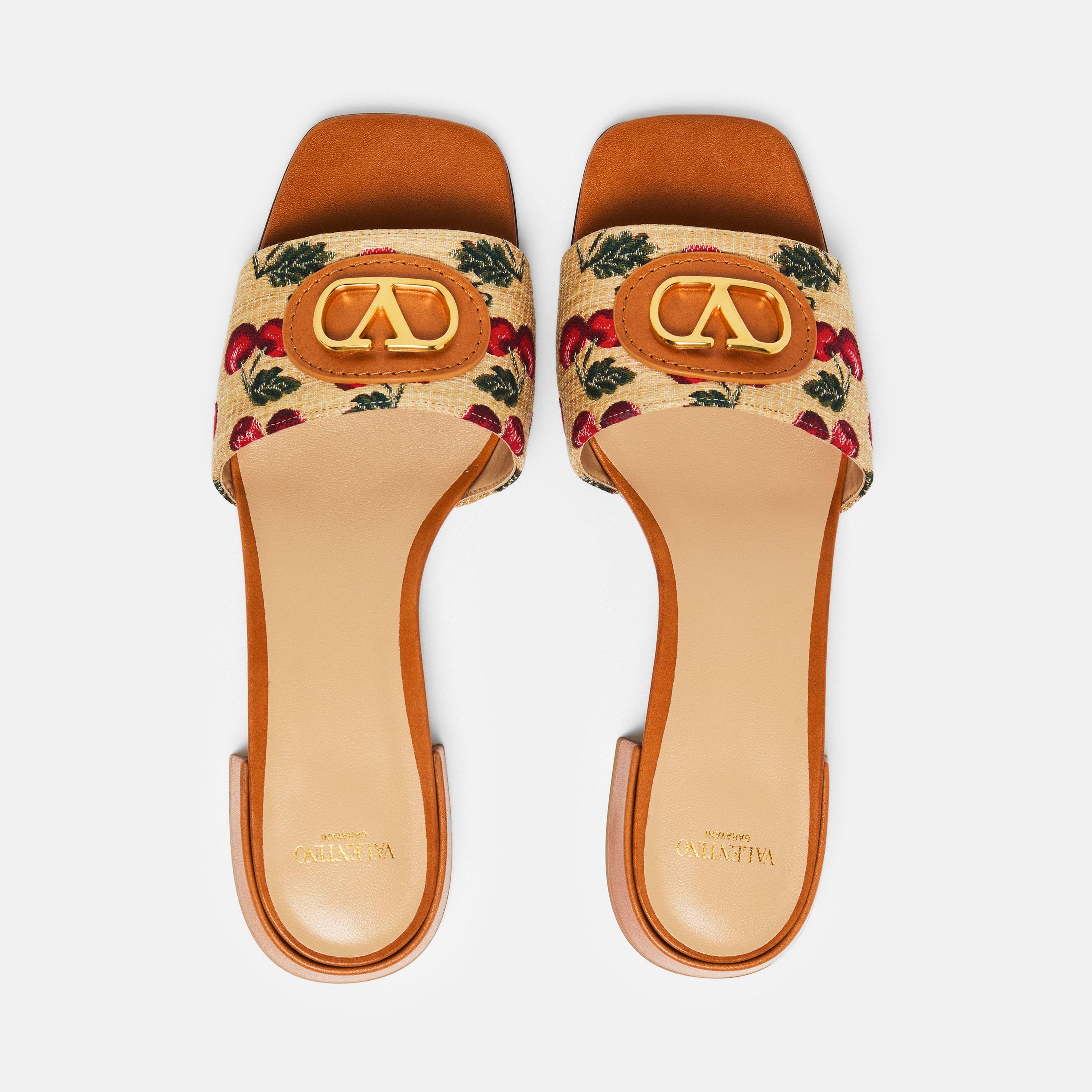 Naturale/Rosso - Valentino Garavani - Vlogo Raffia-Jacquard Cherry Slides. - 5