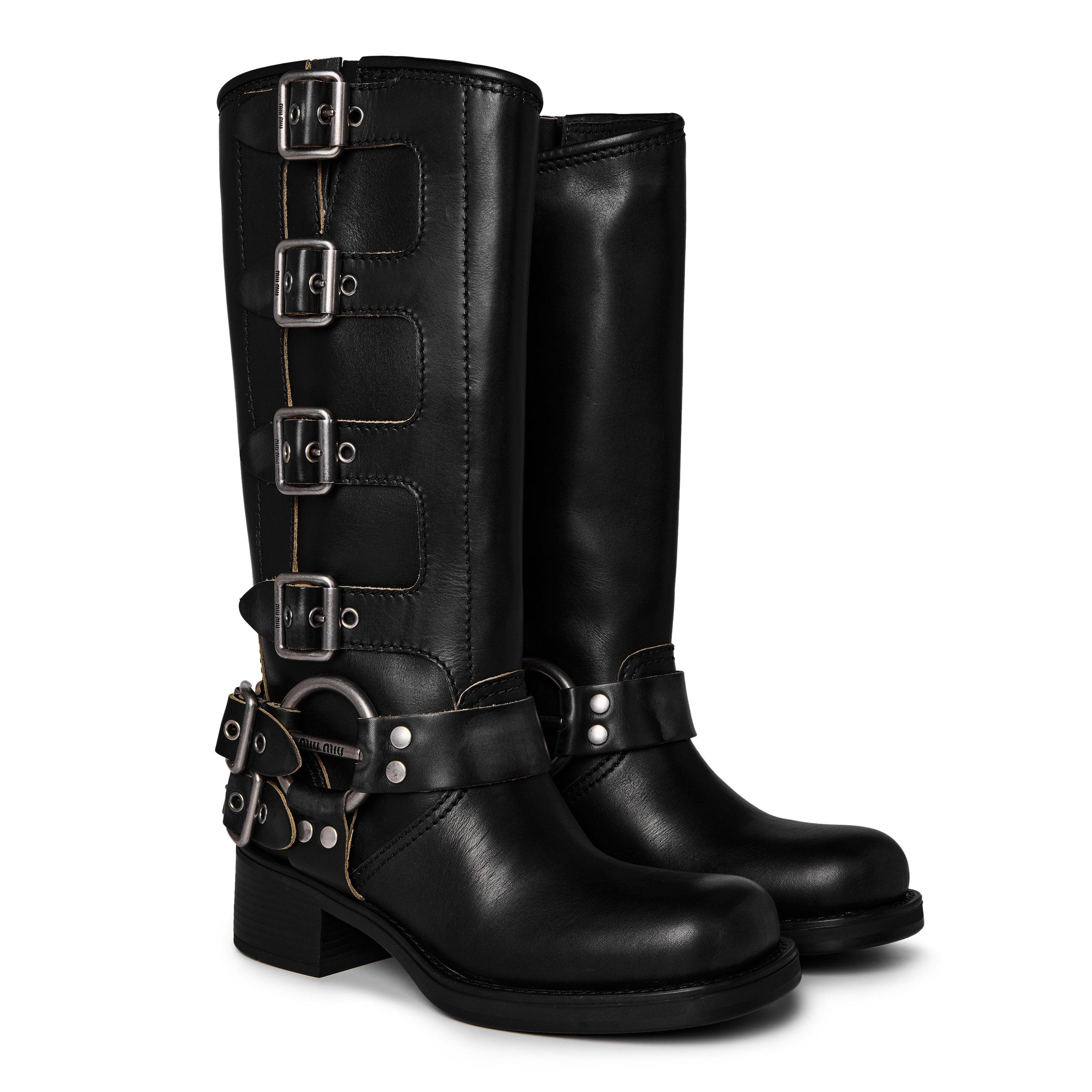 Black - Miu Miu - Leather Buckle Boots - 4