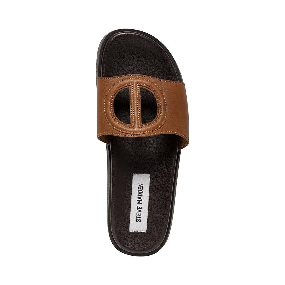 Cognac Leather - Steve Madden - Women's Mayke Solid Flat Sandals - 5