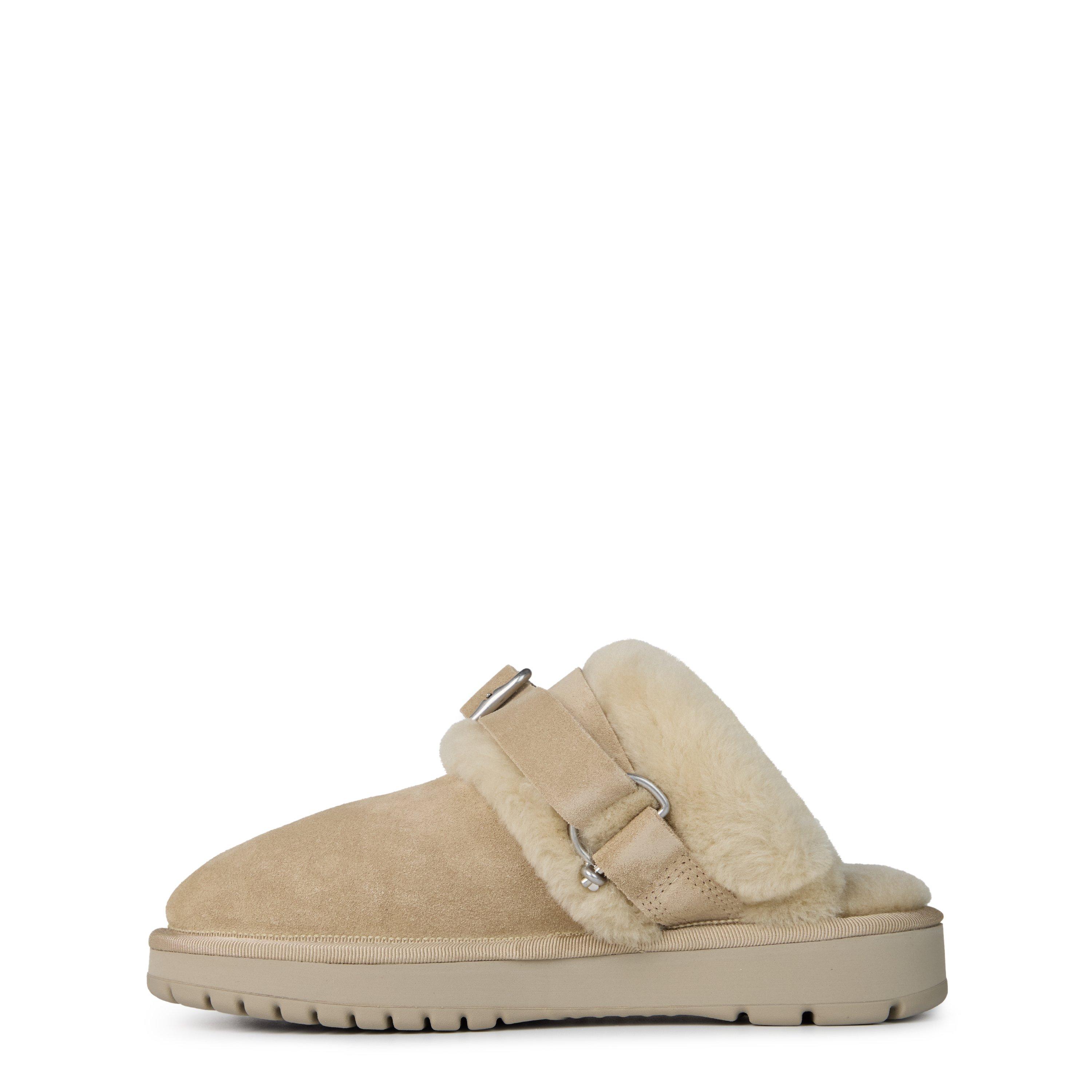 Beige - Burberry - Women's Chubby Suede and Shearling Slip On Flat Mules - 2